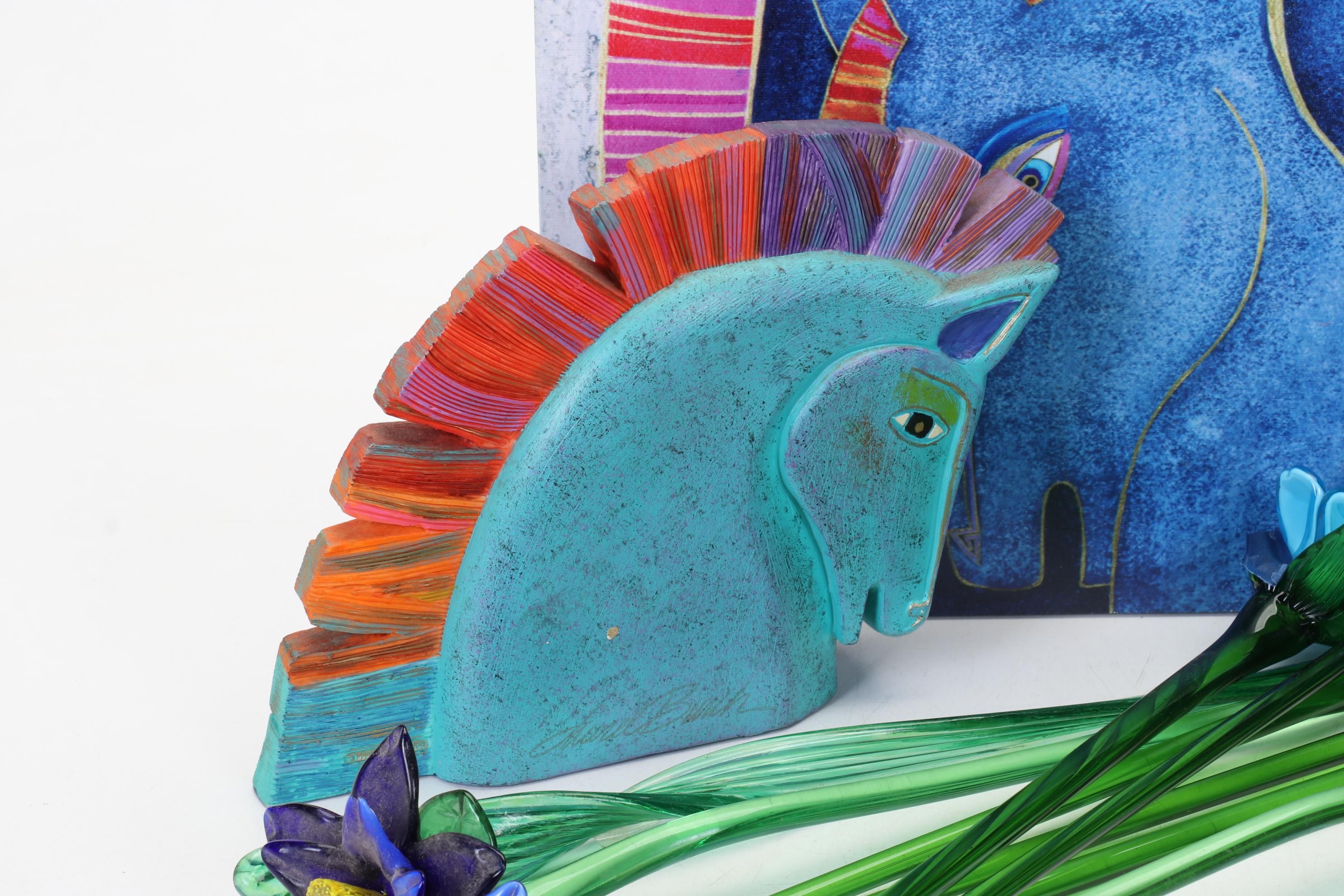 Laurel Burch Horse Figure with Print and Art Glass Floral Swizzle Sticks