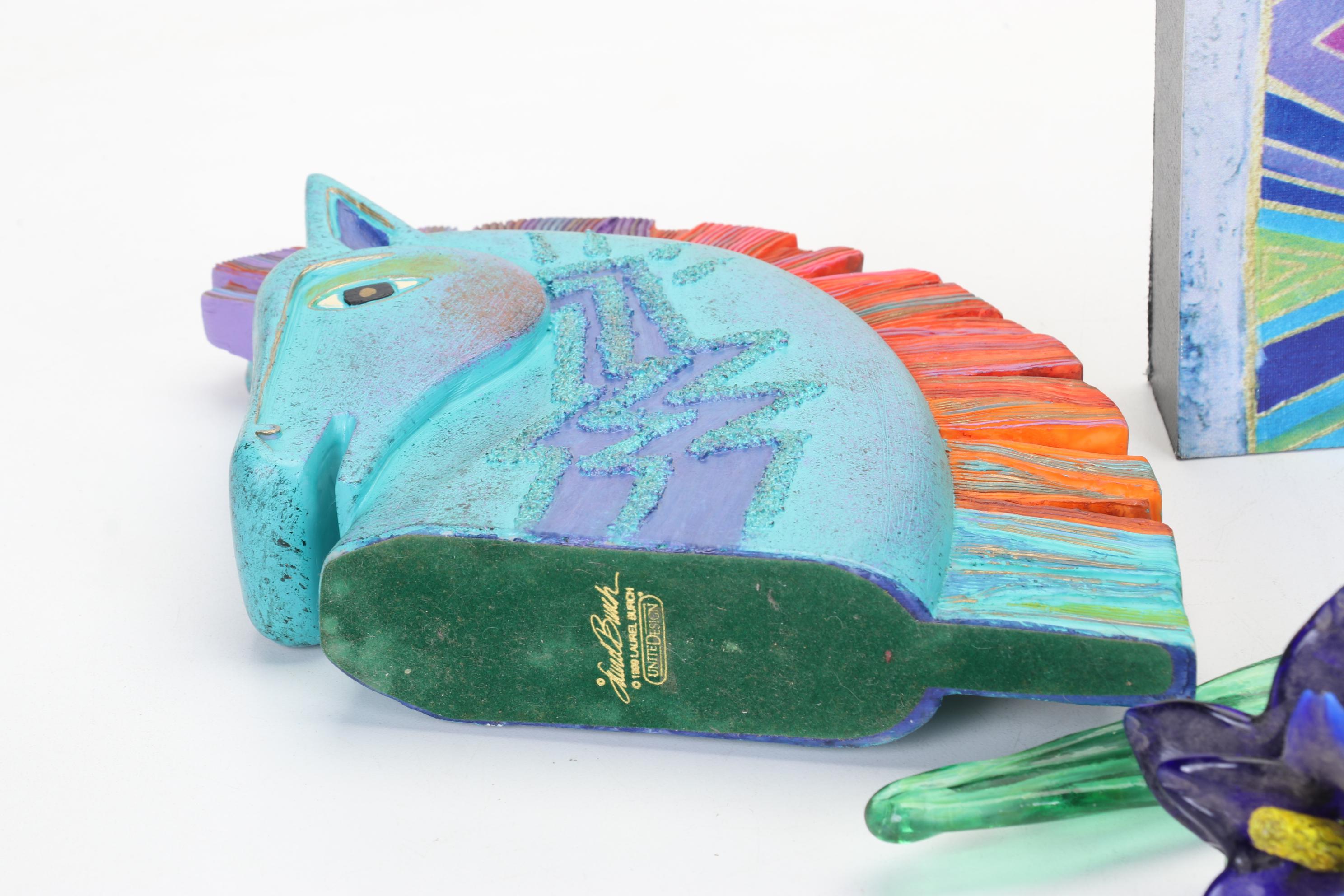 Laurel Burch Horse Figure with Print and Art Glass Floral Swizzle Sticks