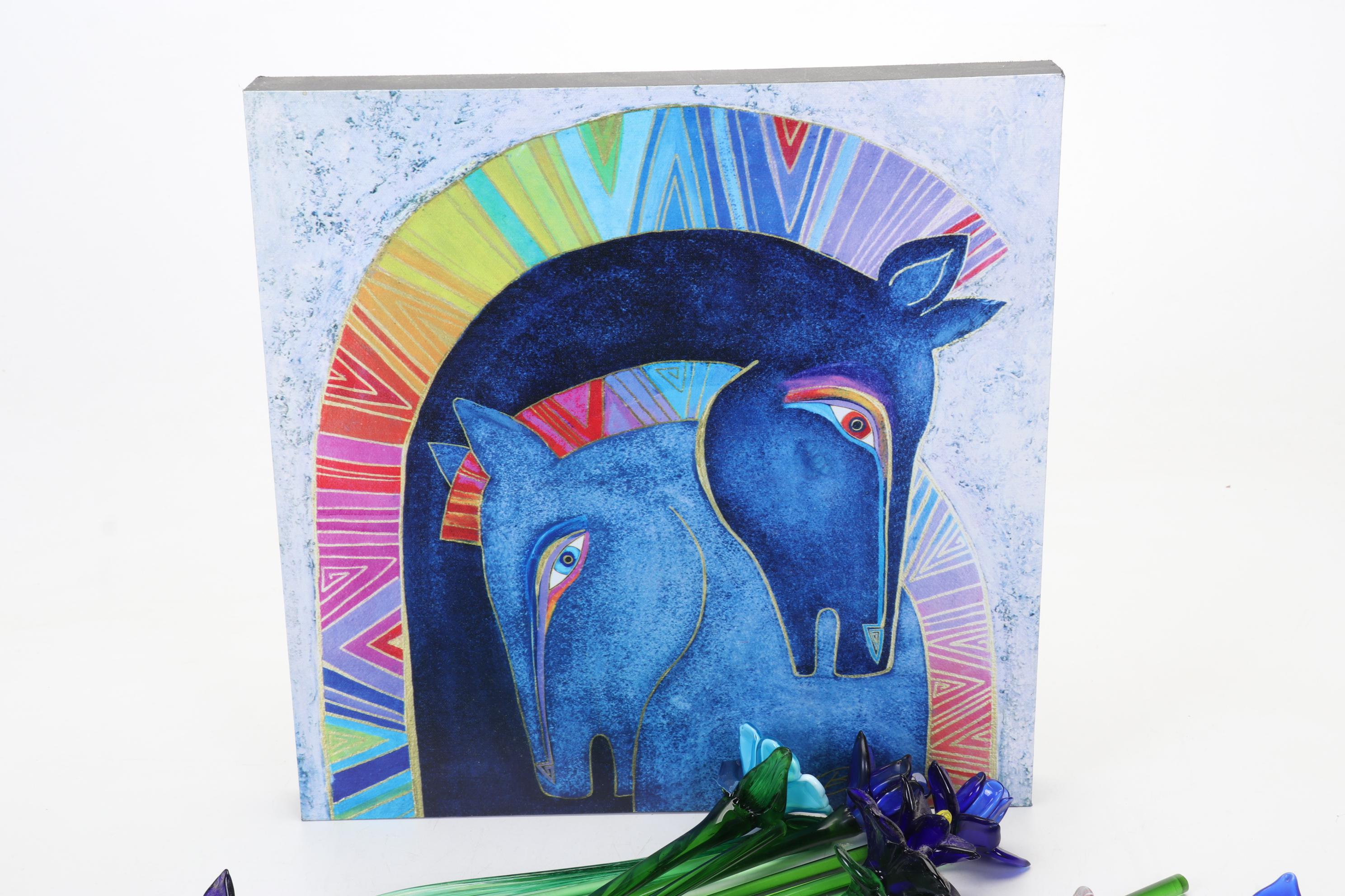 Laurel Burch Horse Figure with Print and Art Glass Floral Swizzle Sticks