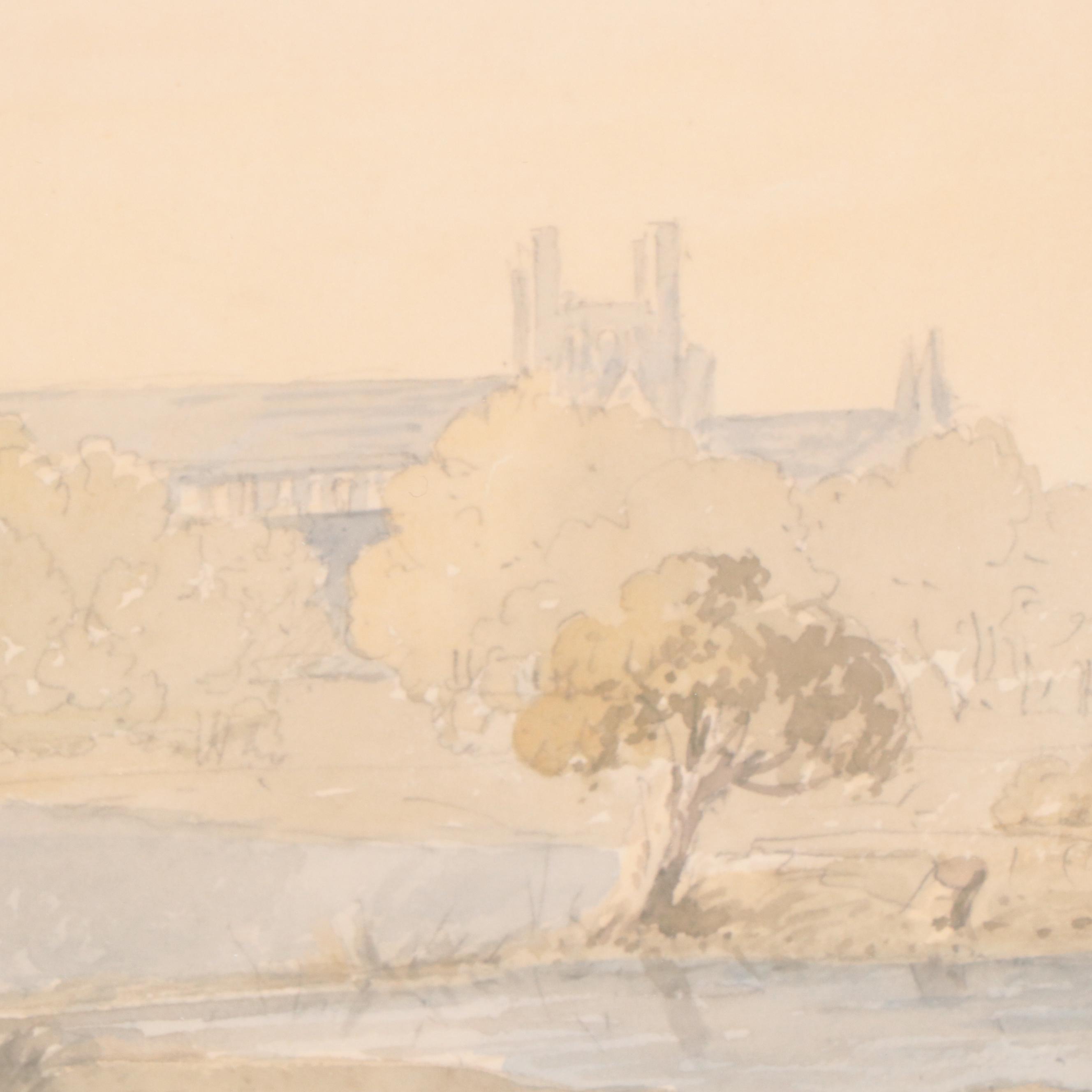 Town Landscape Watercolor Painting, Early 20th Century