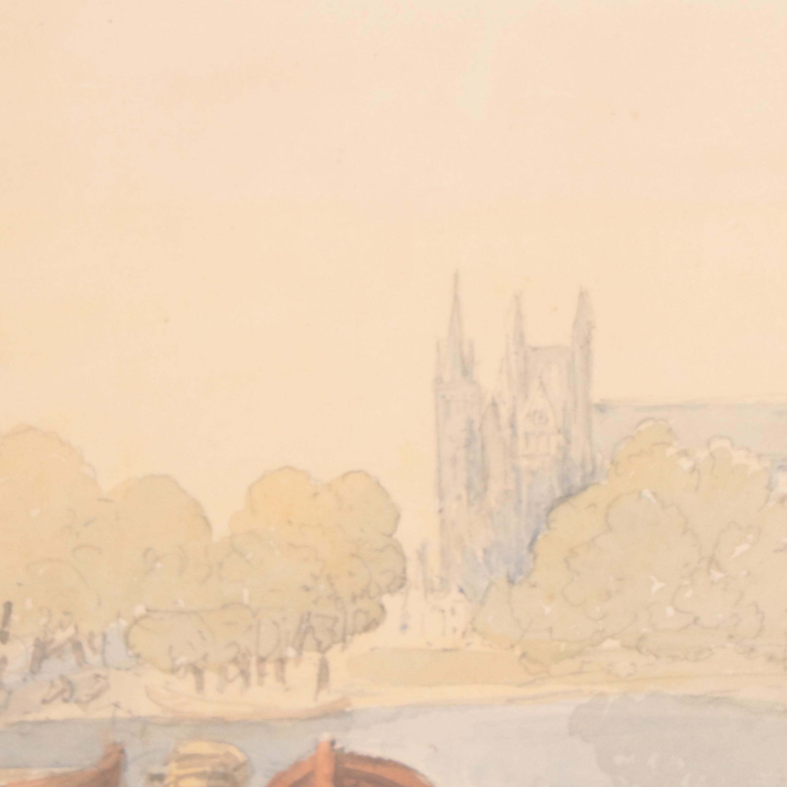 Town Landscape Watercolor Painting, Early 20th Century