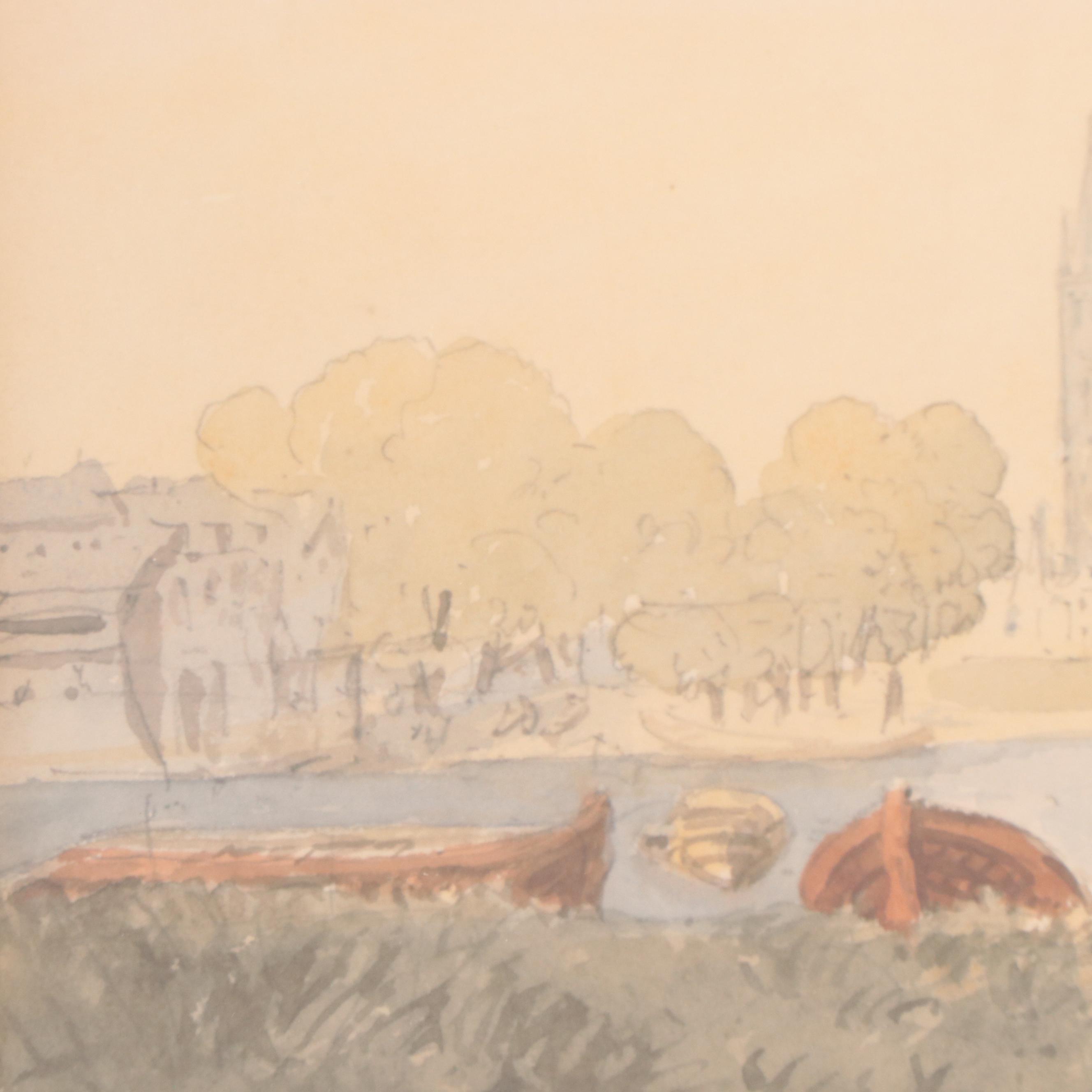 Town Landscape Watercolor Painting, Early 20th Century