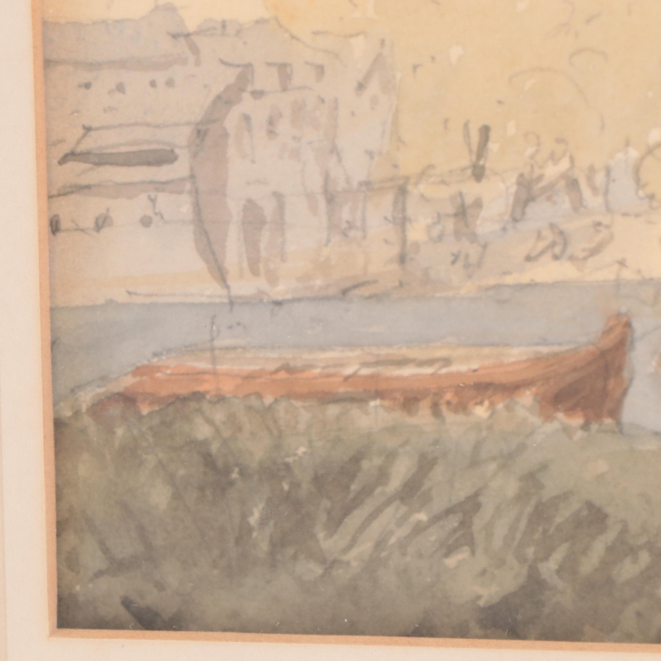 Town Landscape Watercolor Painting, Early 20th Century