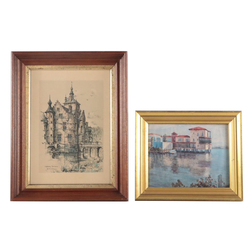 Offset Lithographs of Buildings on Water