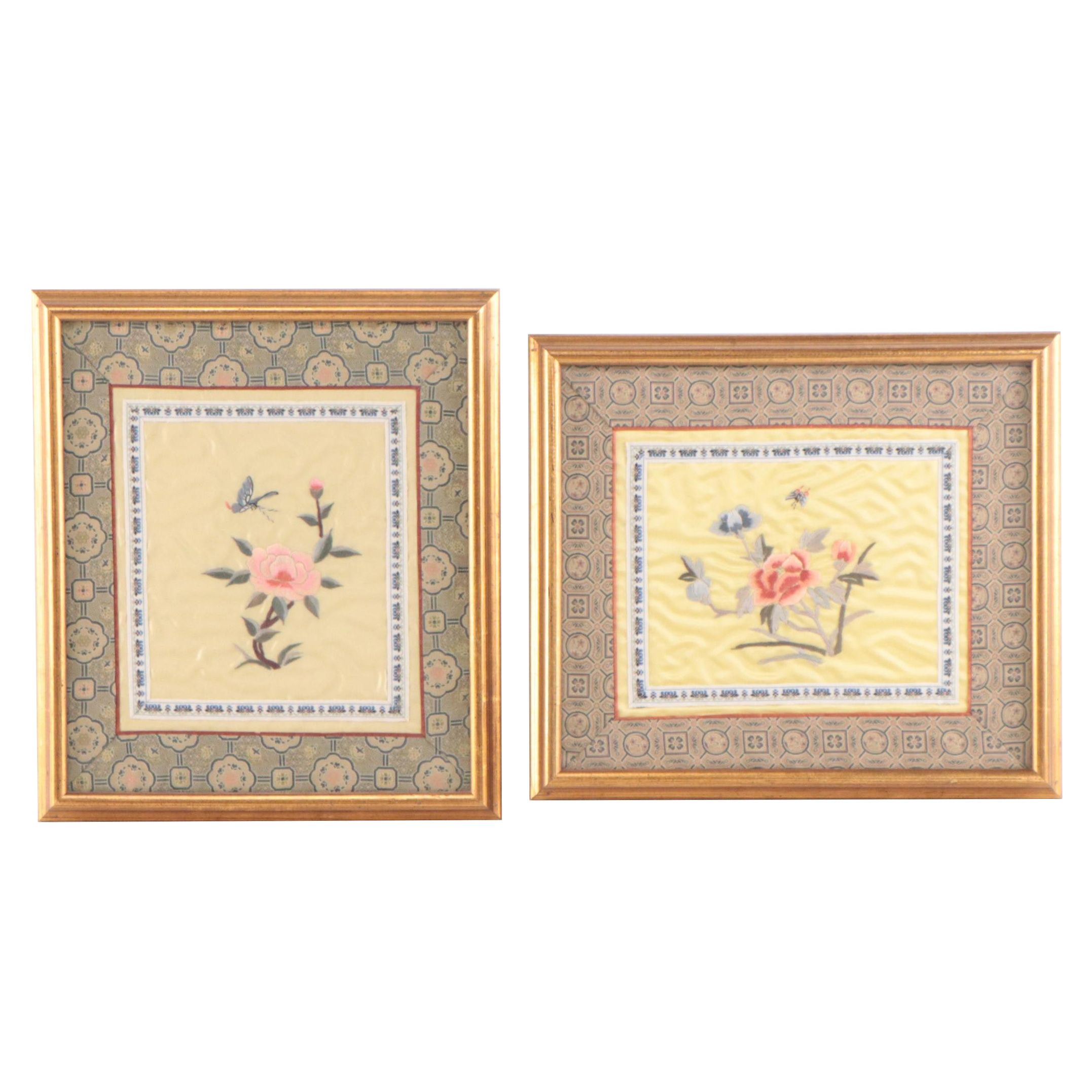 Chinese Silk Embroidery Panels of Flowers and Butterflies