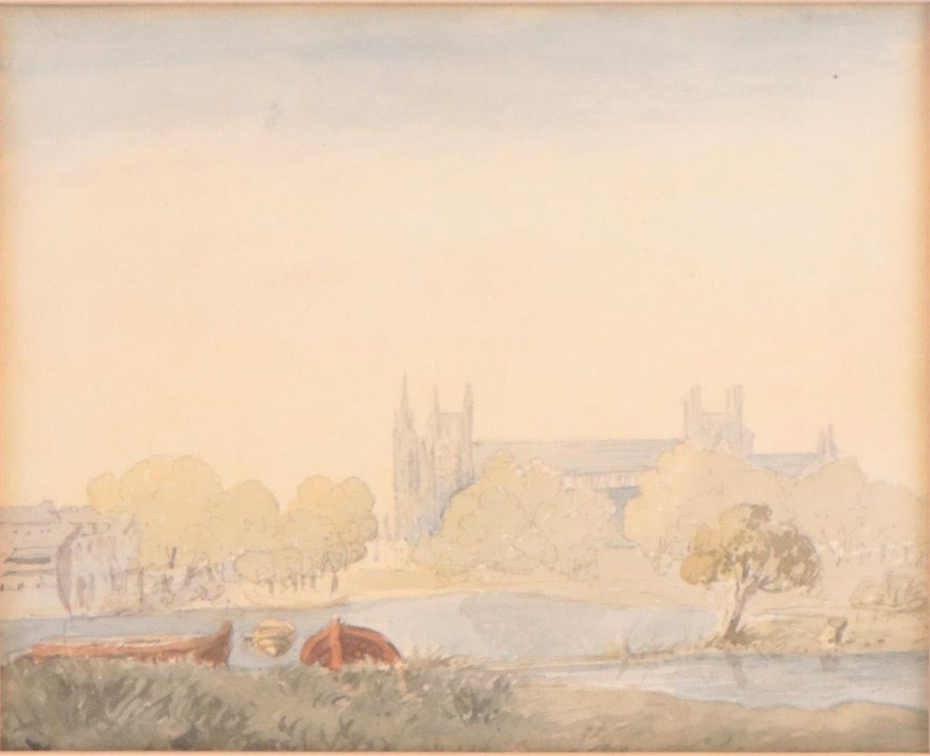 Town Landscape Watercolor Painting, Early 20th Century