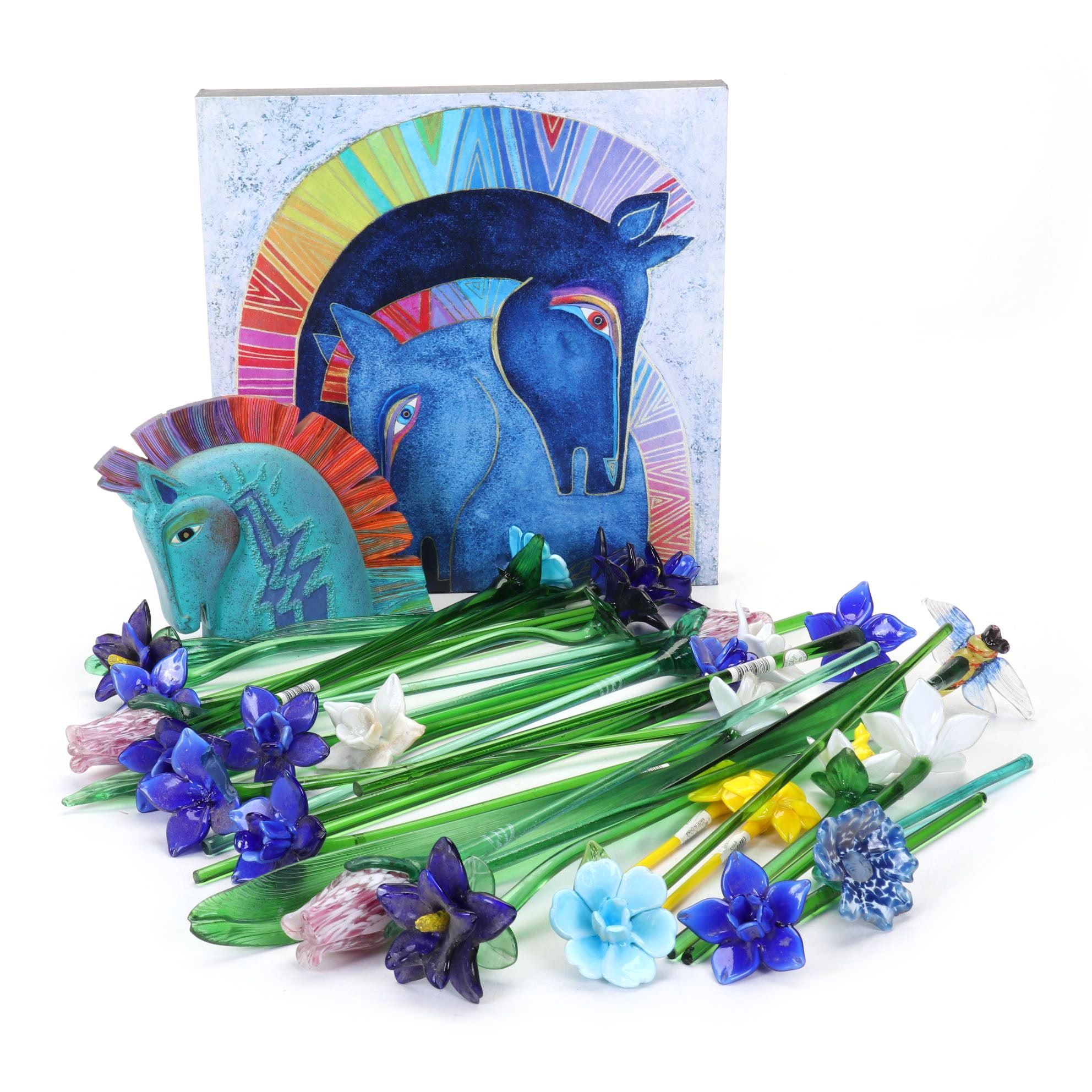 Laurel Burch Horse Figure with Print and Art Glass Floral Swizzle Sticks