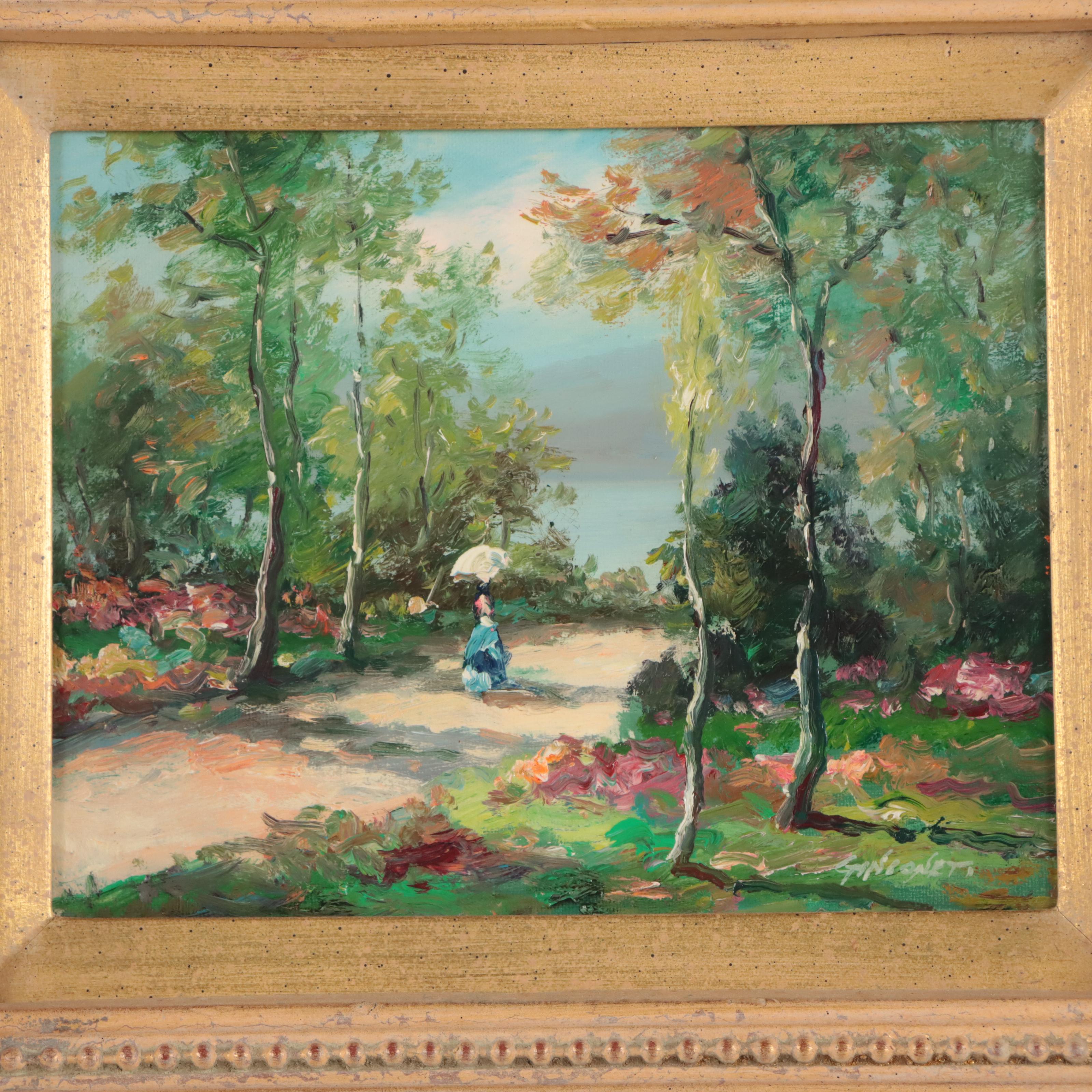Oil Painting of Figure Walking in Verdant Landscape