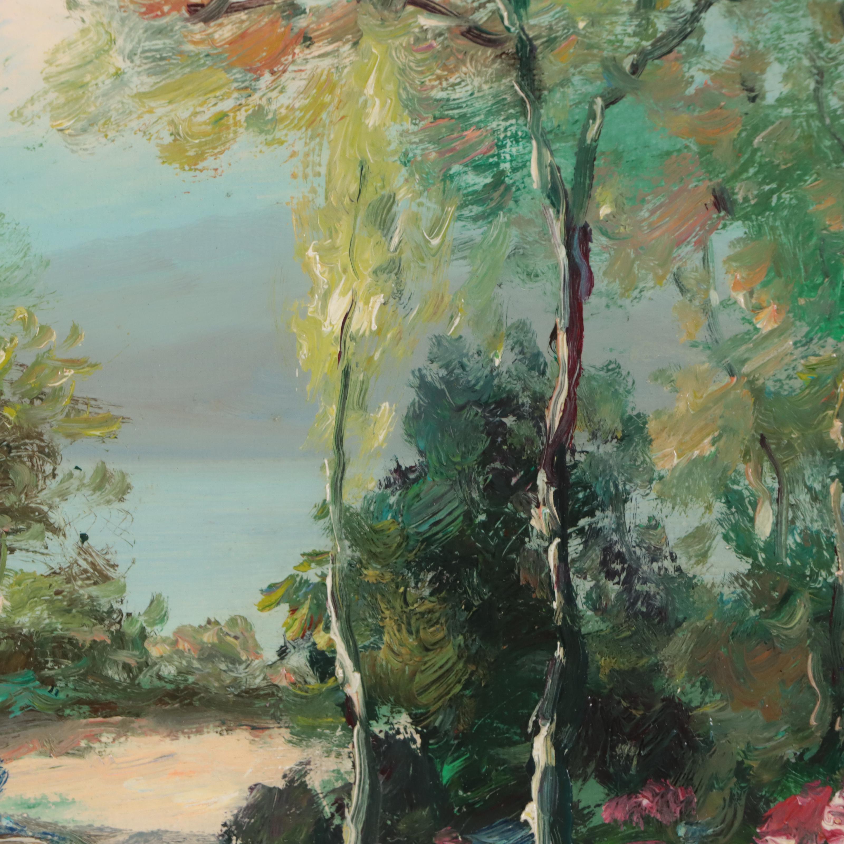 Oil Painting of Figure Walking in Verdant Landscape