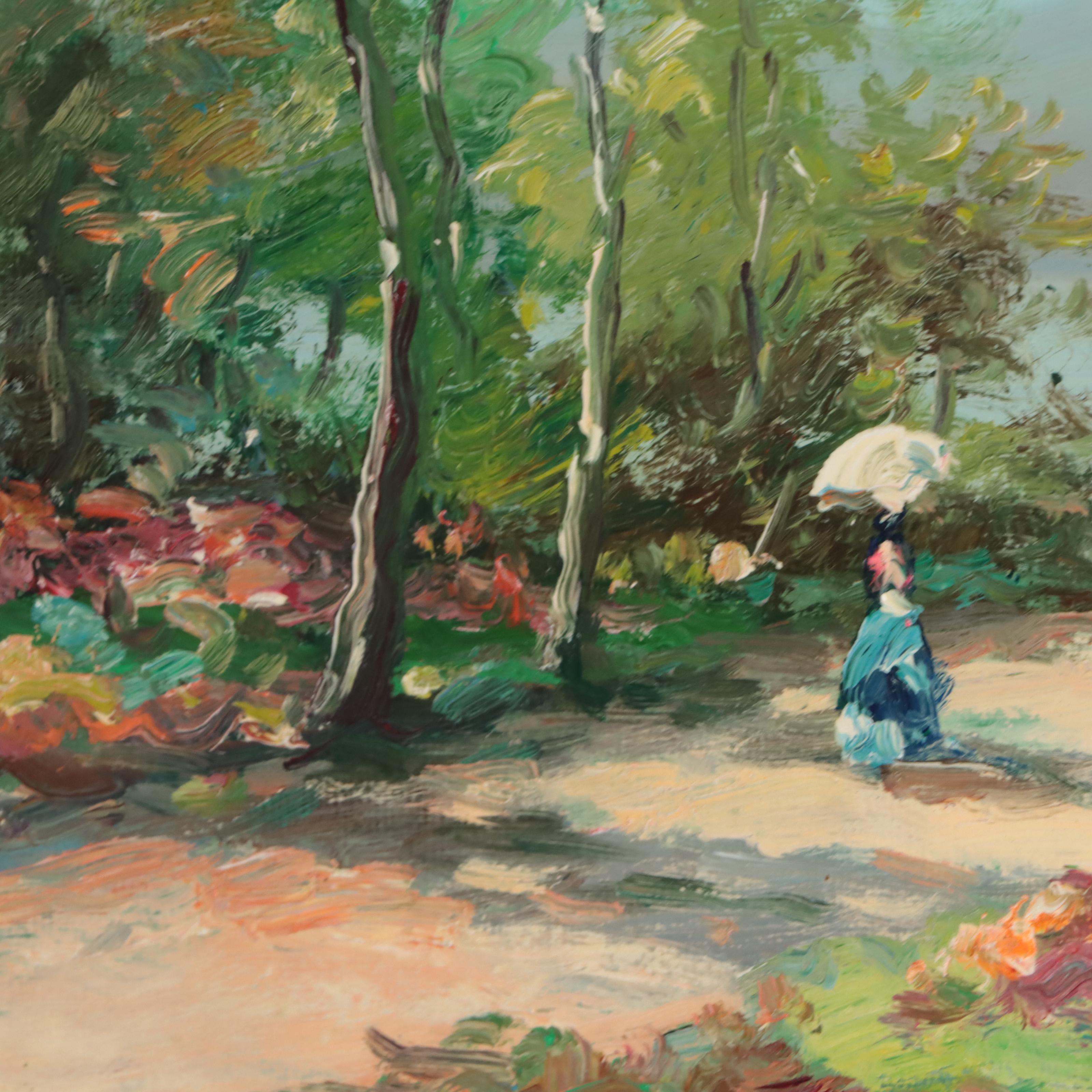 Oil Painting of Figure Walking in Verdant Landscape