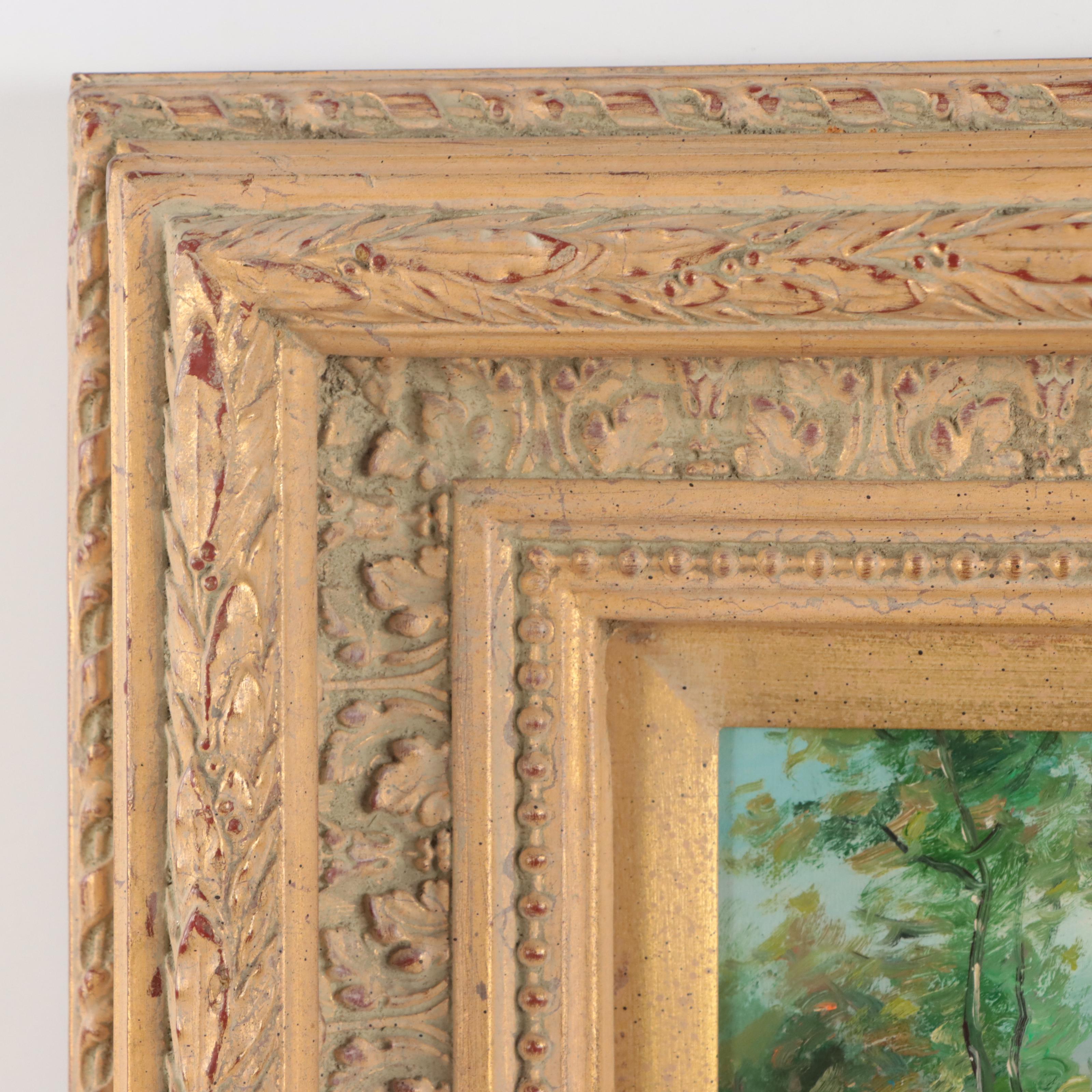 Oil Painting of Figure Walking in Verdant Landscape