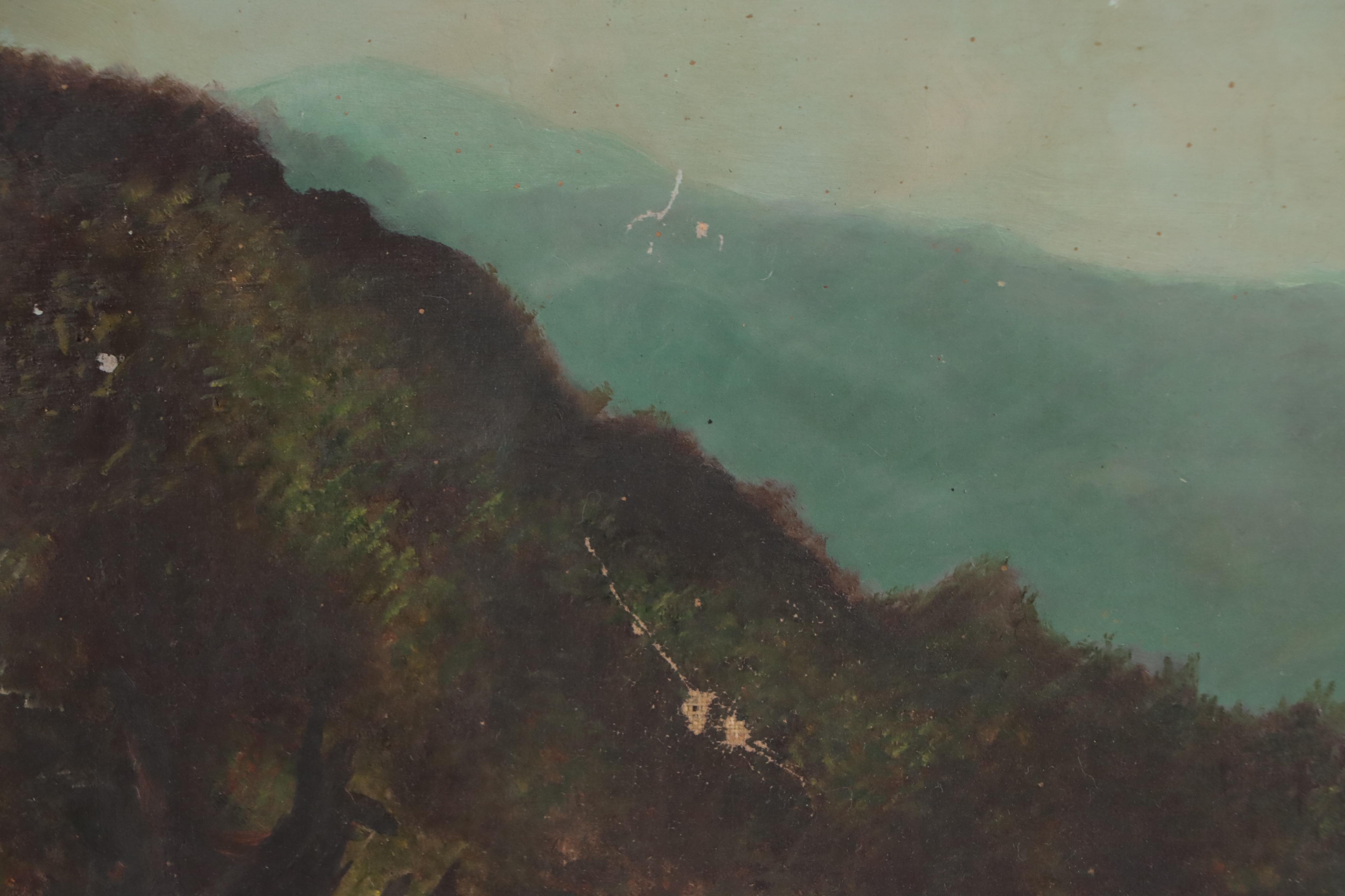 Hudson River School Oil Painting of Mountainous Lake Landscape, 19th Century