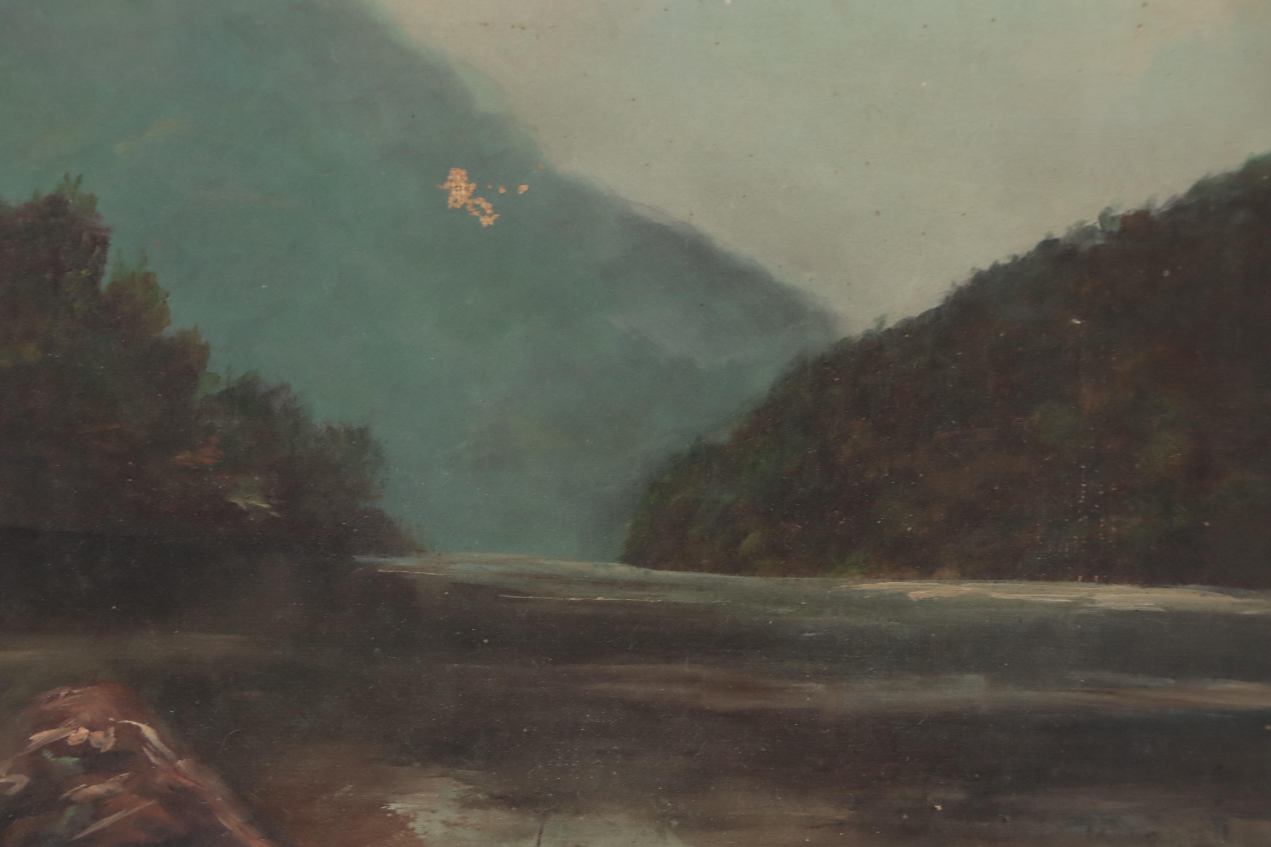 Hudson River School Oil Painting of Mountainous Lake Landscape, 19th Century