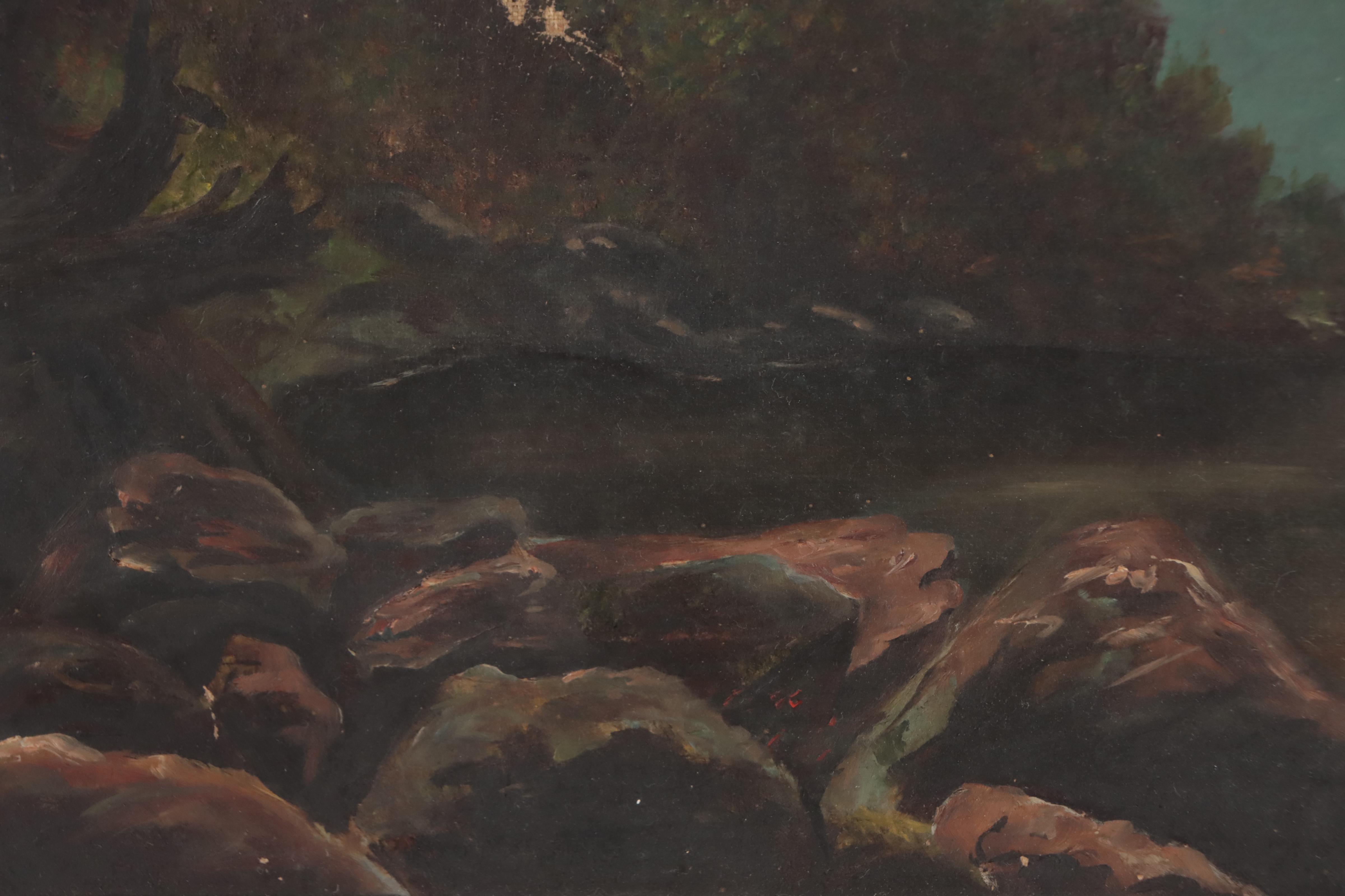 Hudson River School Oil Painting of Mountainous Lake Landscape, 19th Century