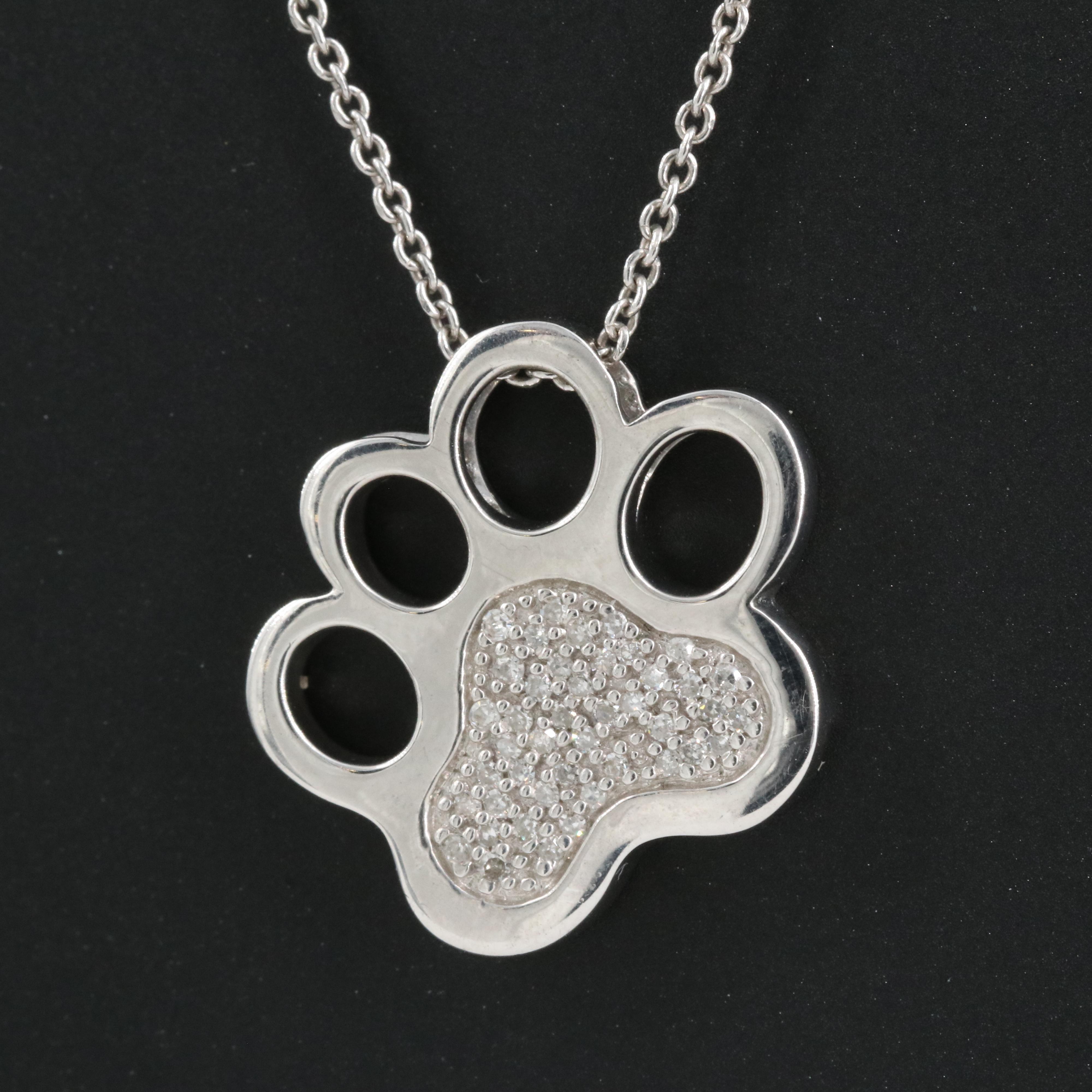 Sterling Diamond Paw Print Pendant Necklace