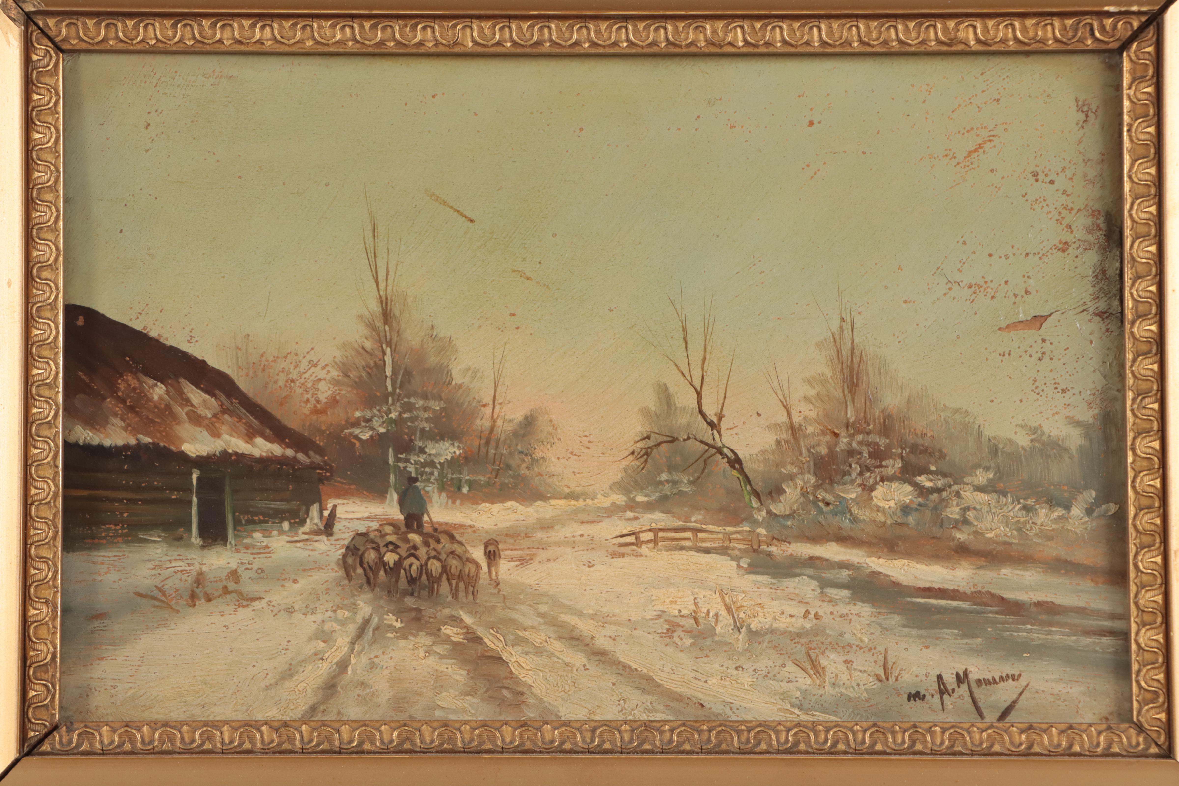 Oil Painting of Sheep in Winter Landscape