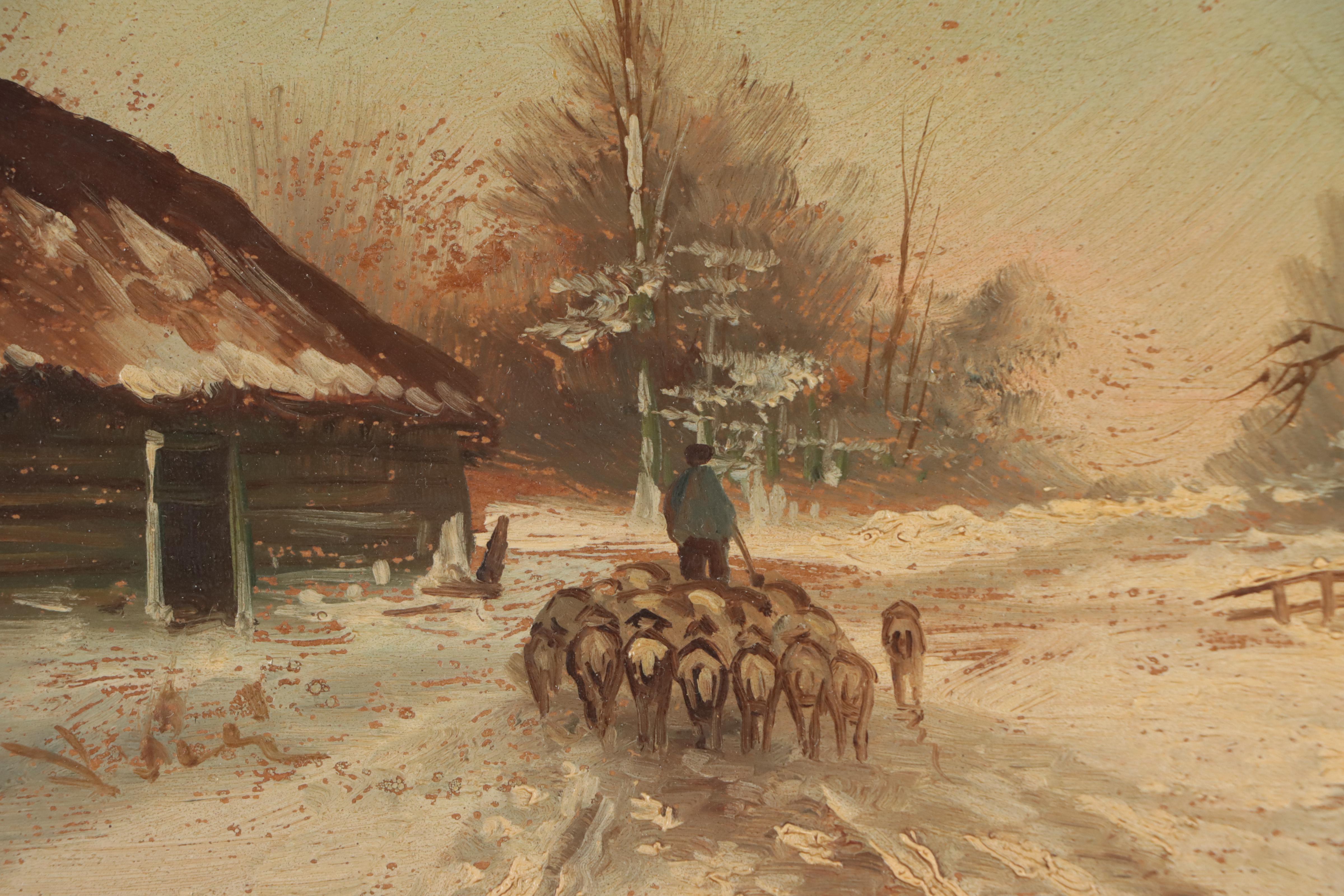 Oil Painting of Sheep in Winter Landscape