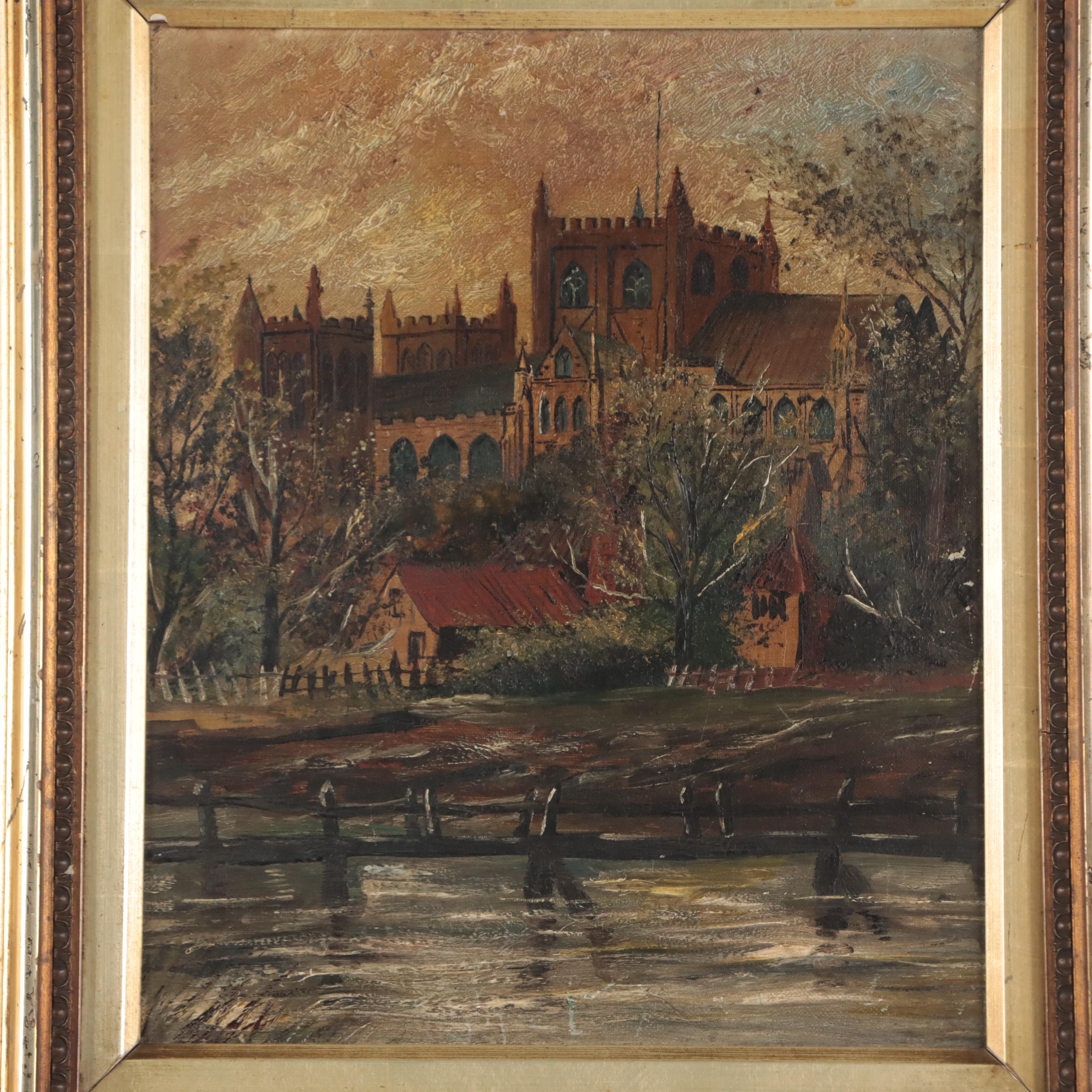 Oil Painting of Building In River Landscape