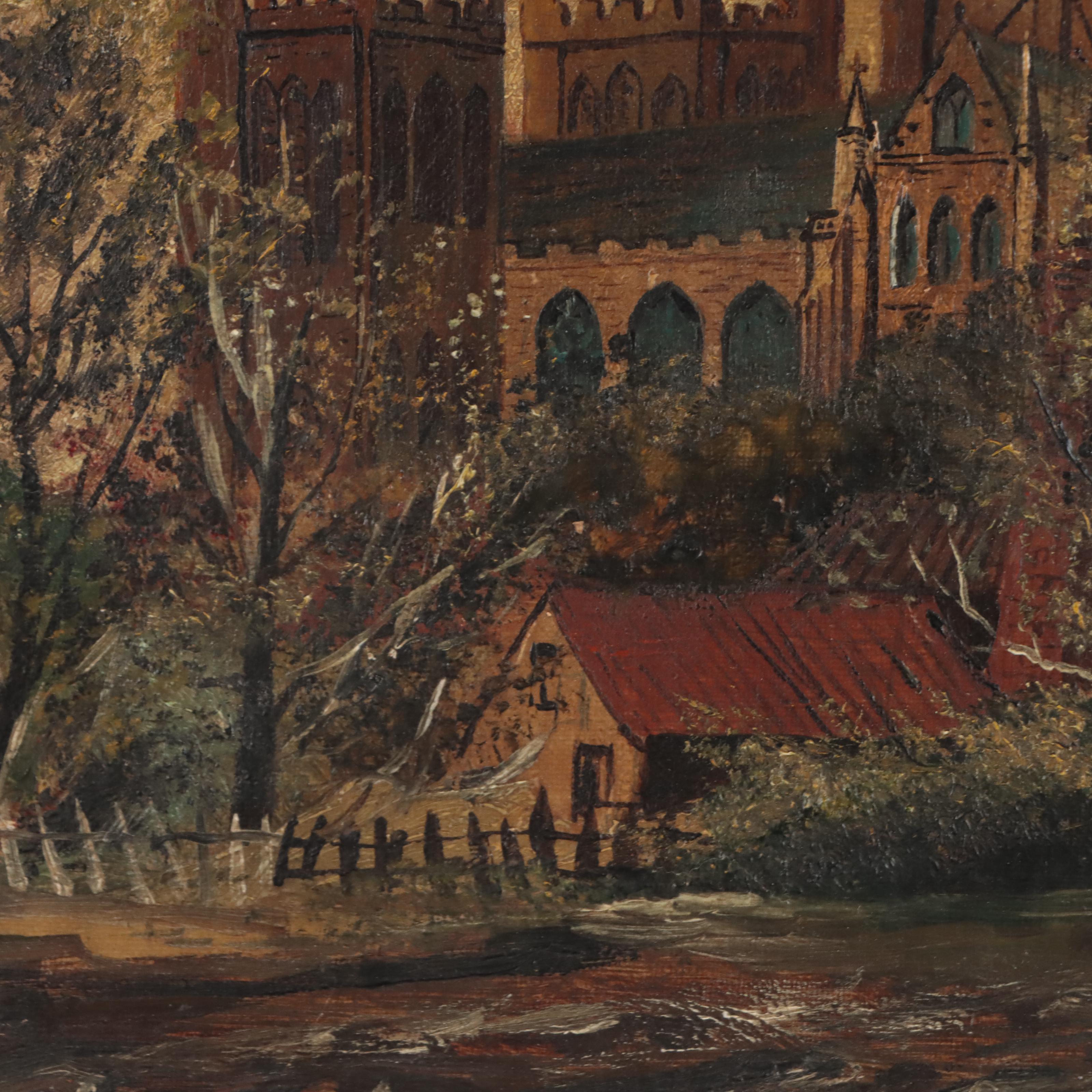 Oil Painting of Building In River Landscape