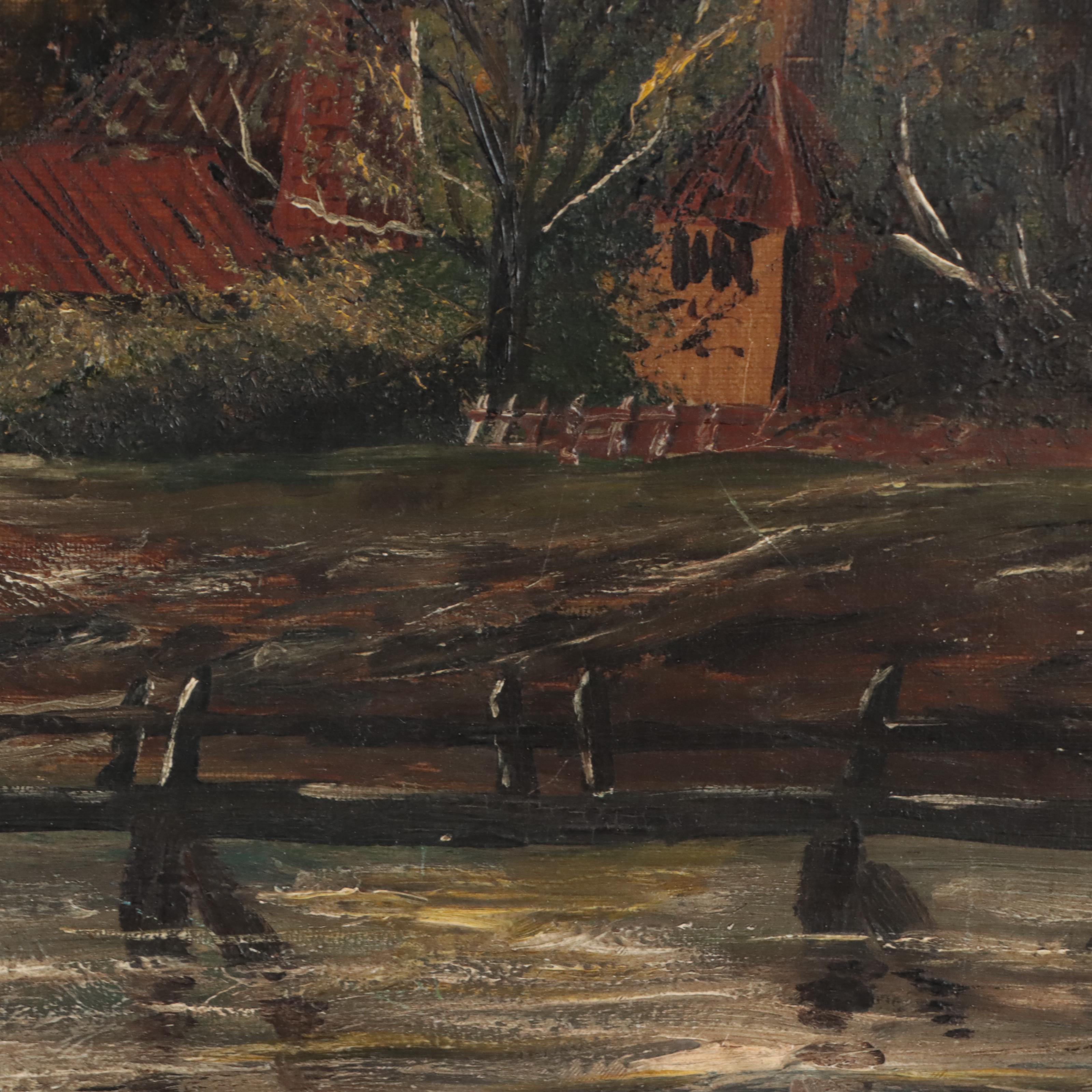 Oil Painting of Building In River Landscape