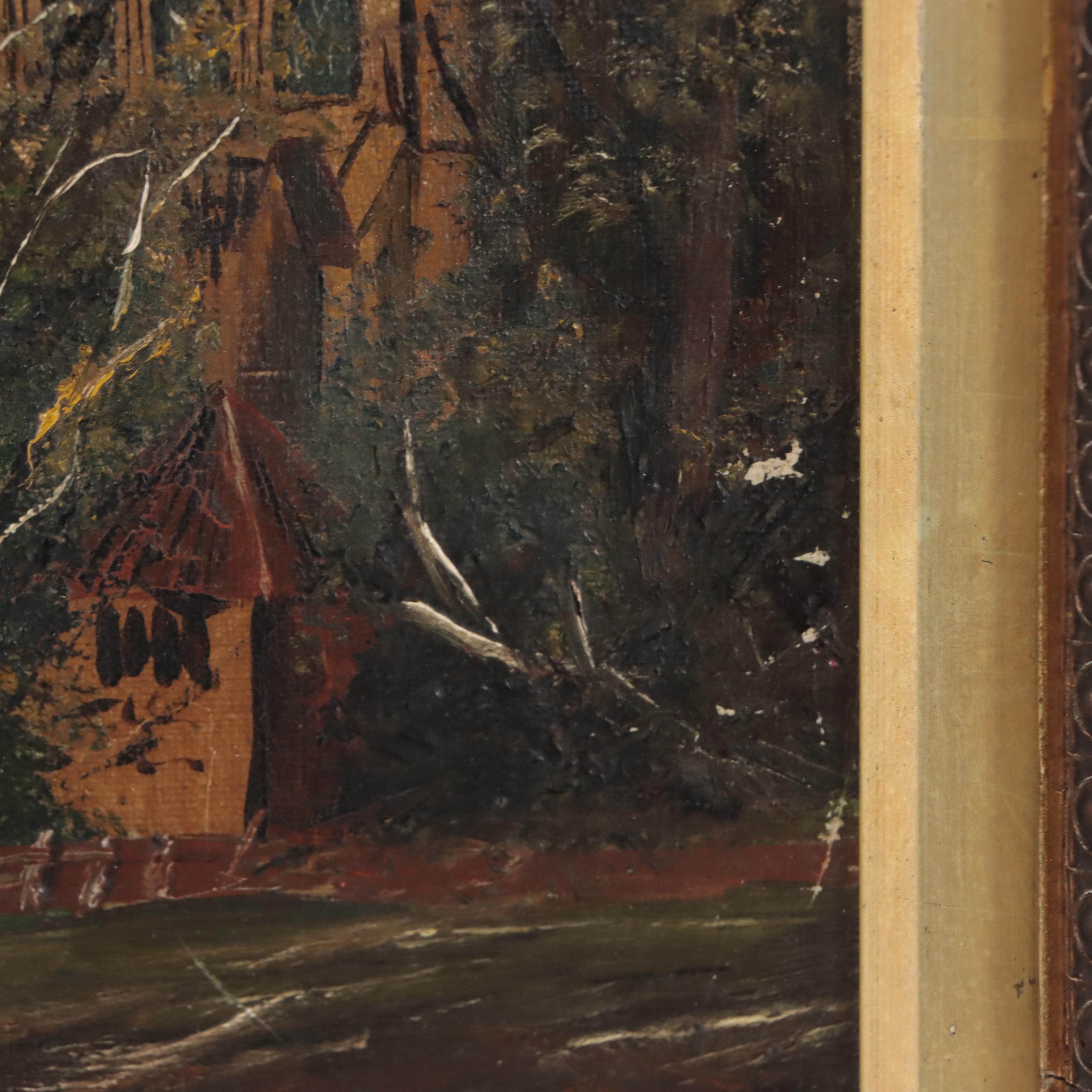 Oil Painting of Building In River Landscape