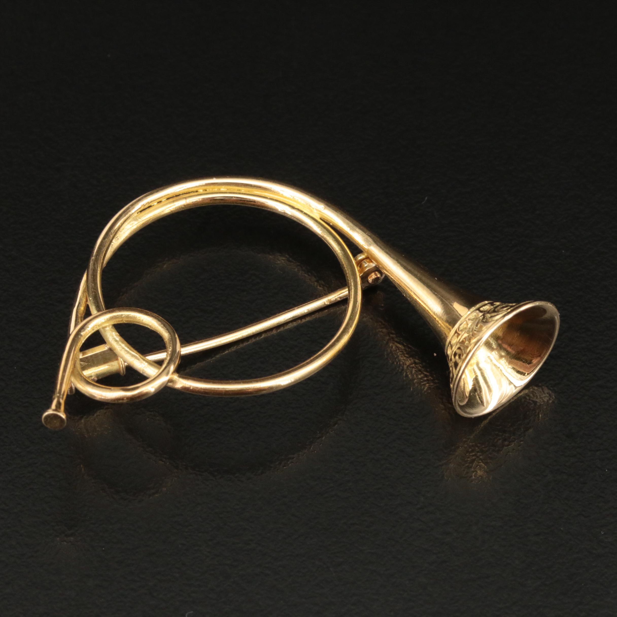 Vintage Austrian "Trompe de Chasse" 18K Hunting Horn Brooch
