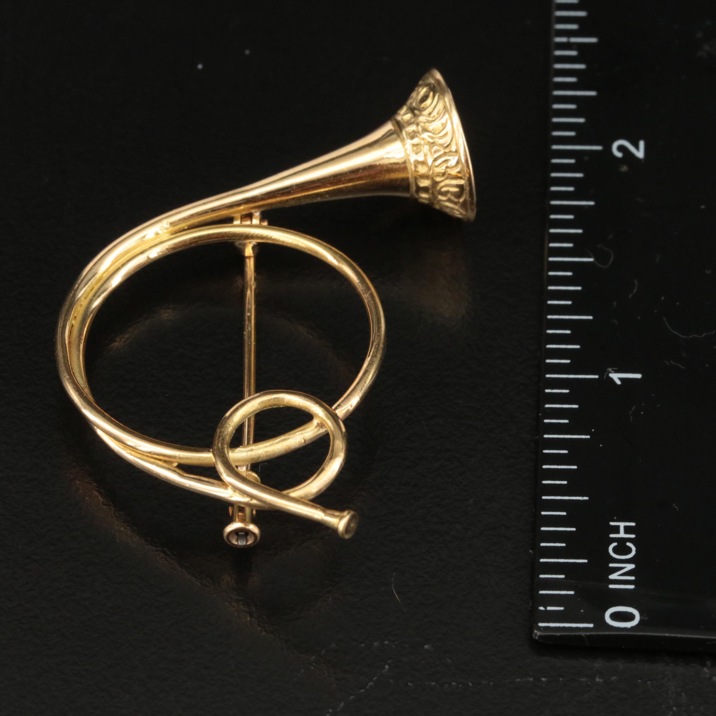 Vintage Austrian "Trompe de Chasse" 18K Hunting Horn Brooch