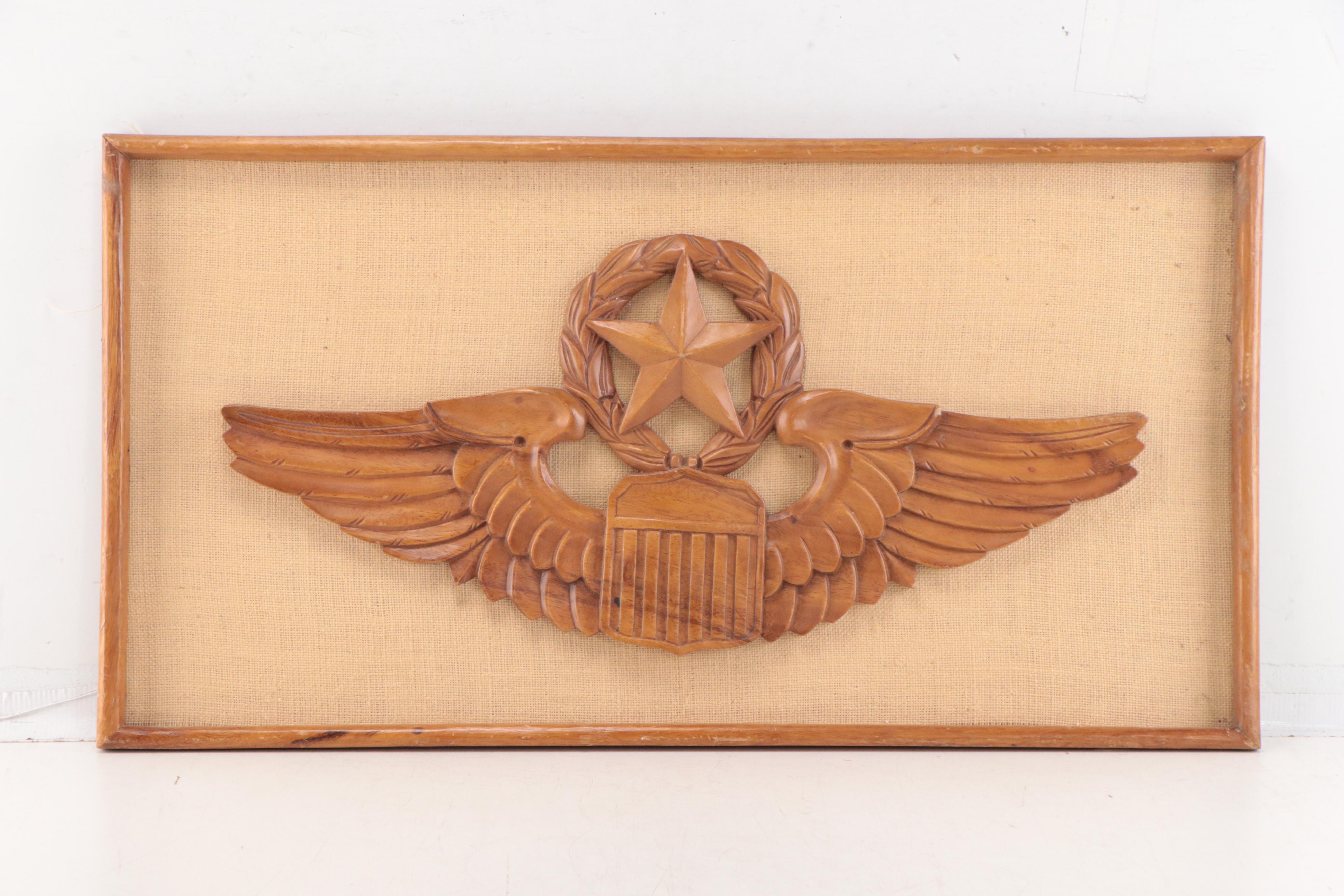 Master Army Aviator Wings Carved Wood Framed Wall Hanging