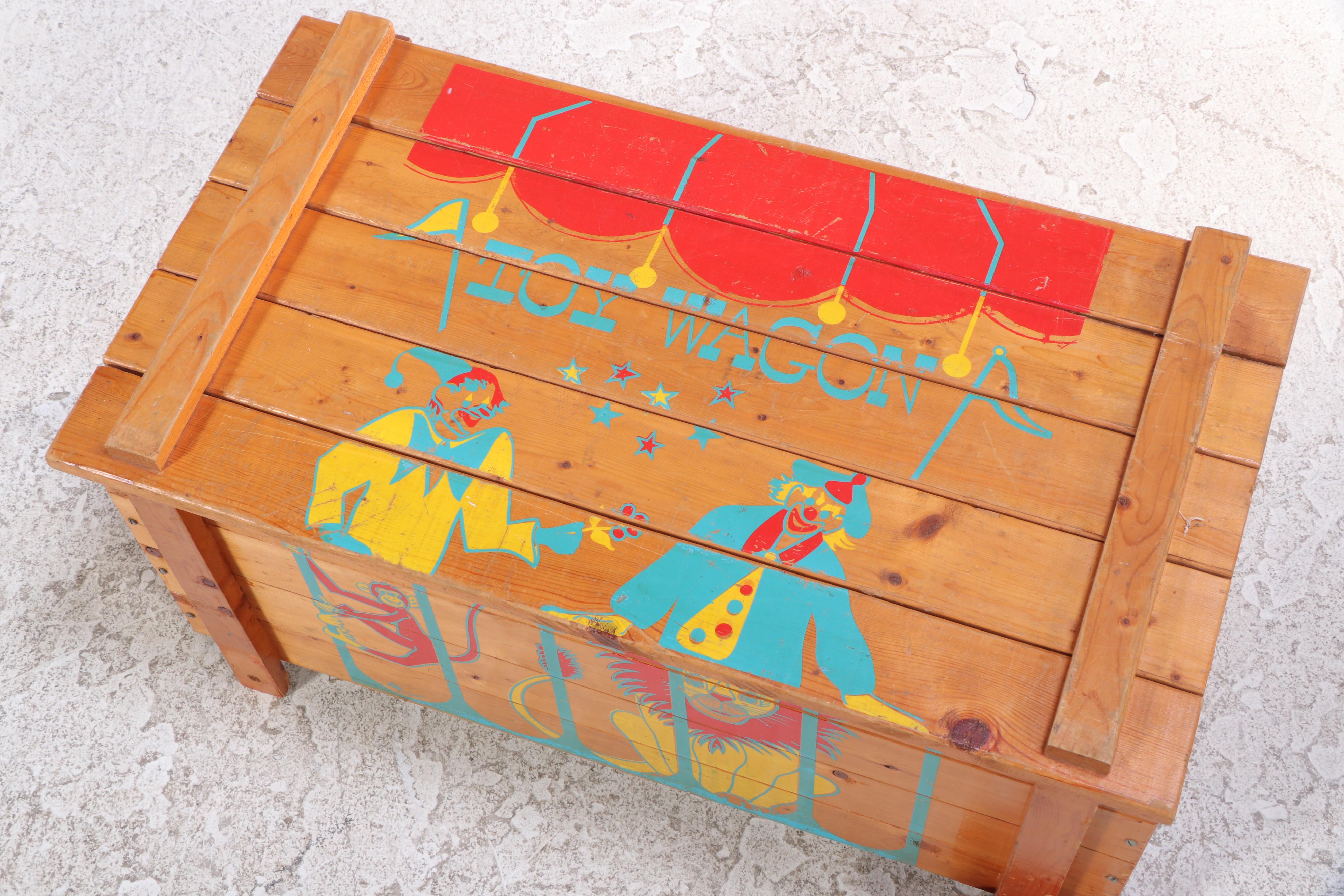 Paint-Decorated "Toy Wagon" Child's Pine Toy Chest