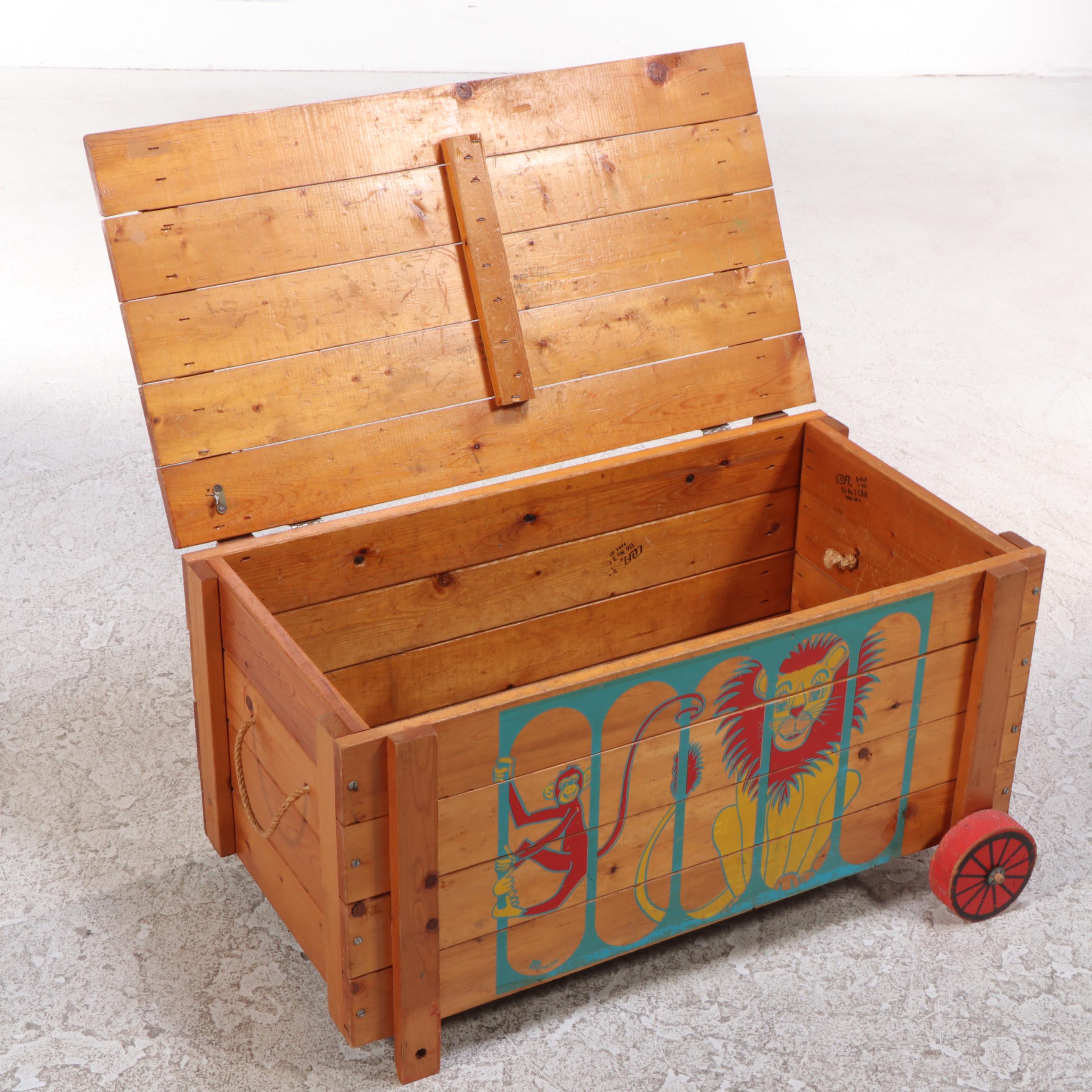 Paint-Decorated "Toy Wagon" Child's Pine Toy Chest