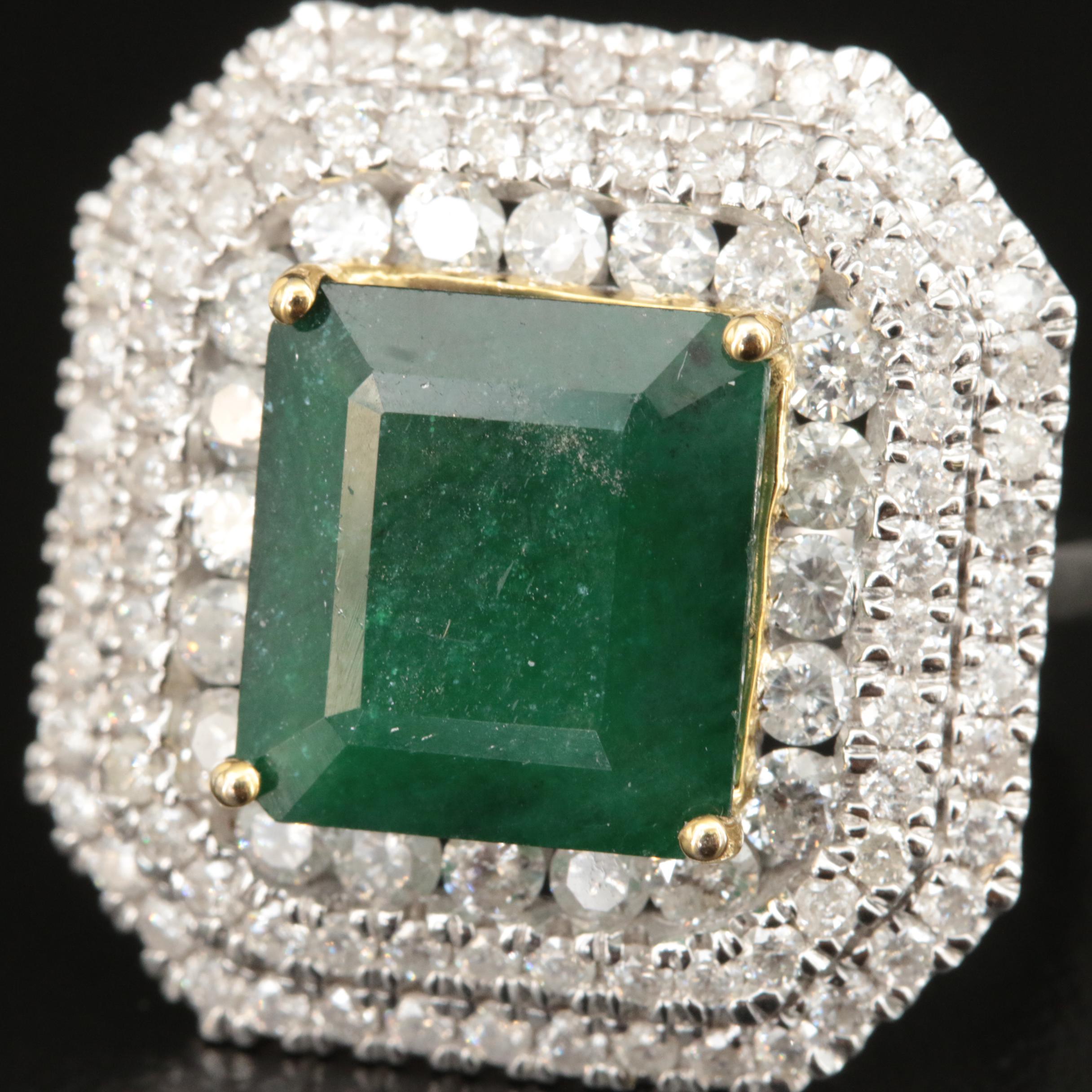 14K 4.99 CT Emerald and 2.06 CTW Diamond Cluster Ring