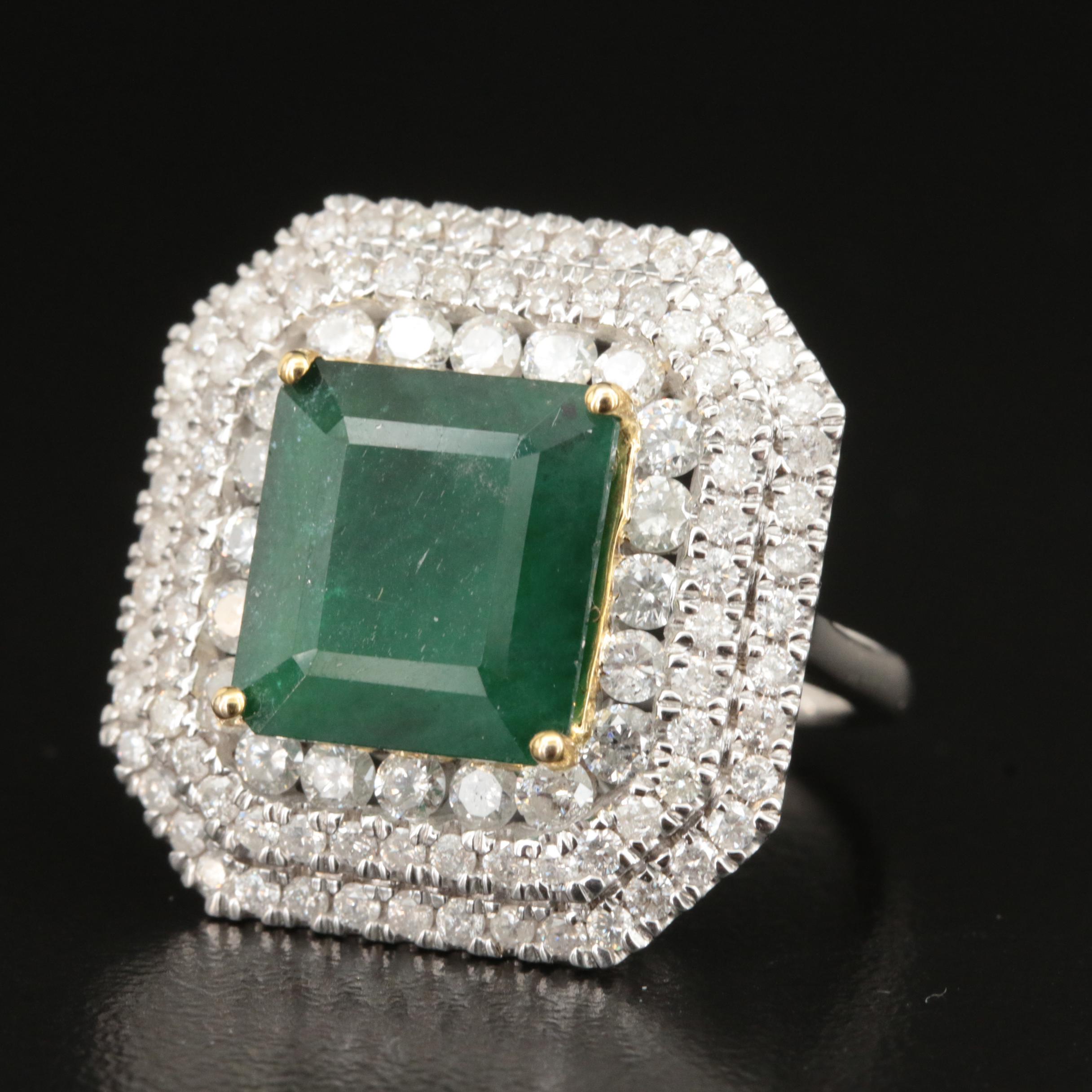 14K 4.99 CT Emerald and 2.06 CTW Diamond Cluster Ring