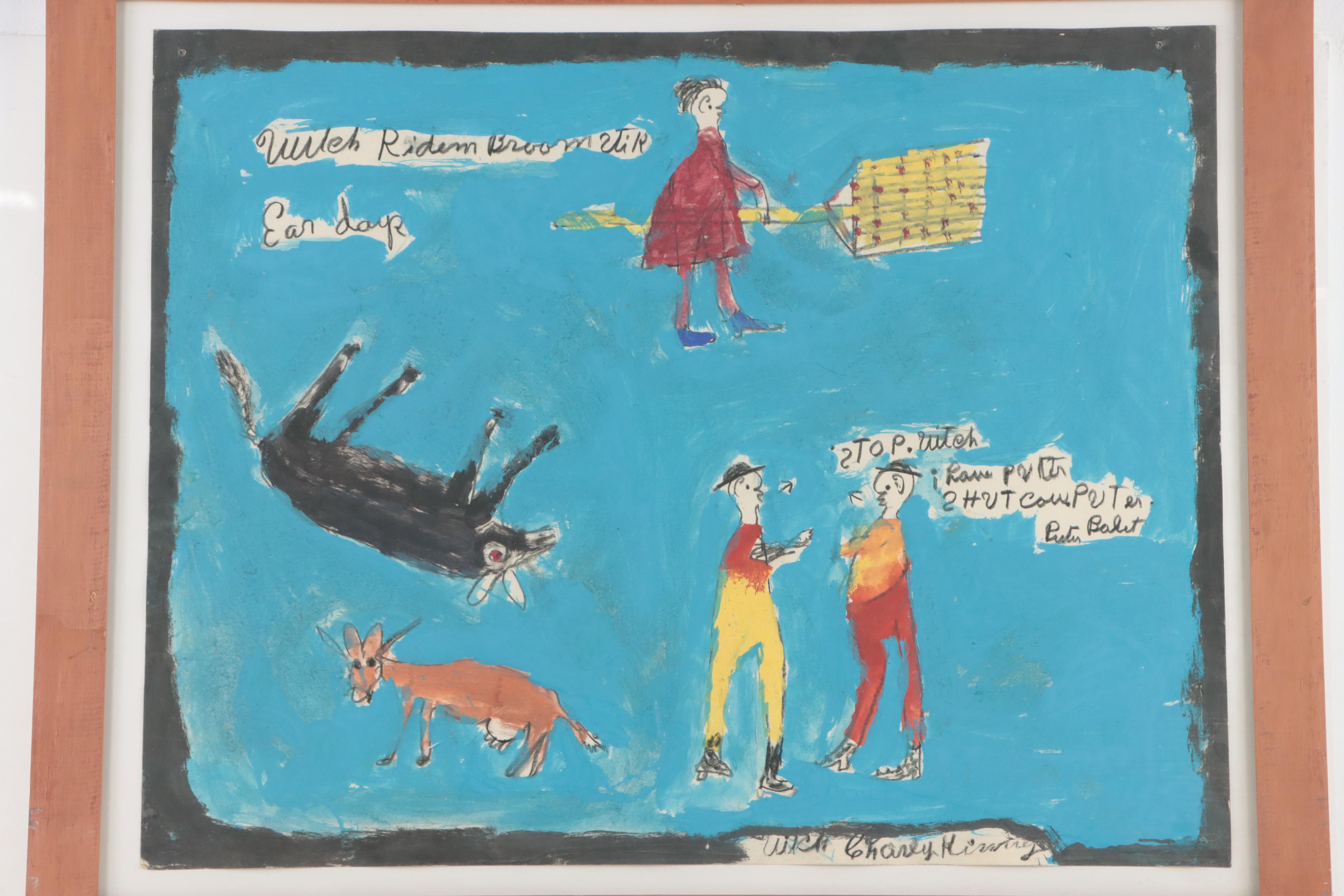 Charley Kinney Folk Art Acrylic Painting of Figures and Animals