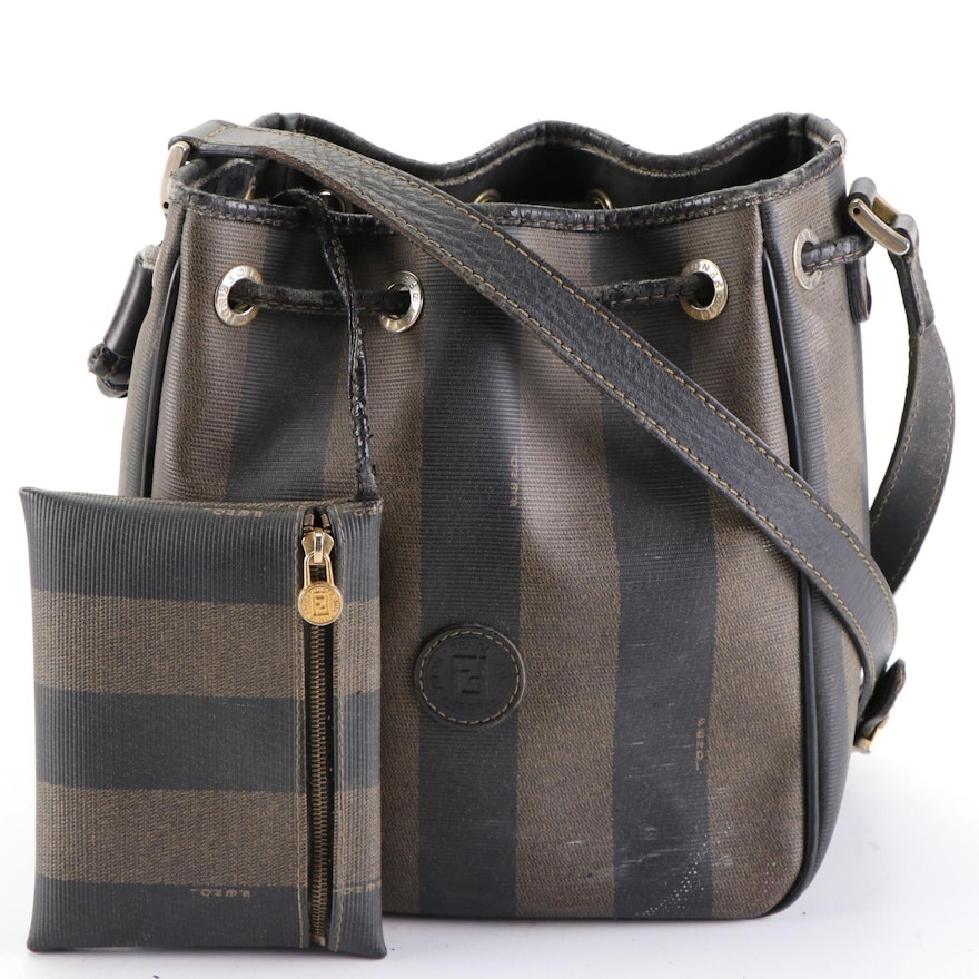 Fendi Bucket Bag in Pequin Stripe Coated Canvas and Leather with Pouch