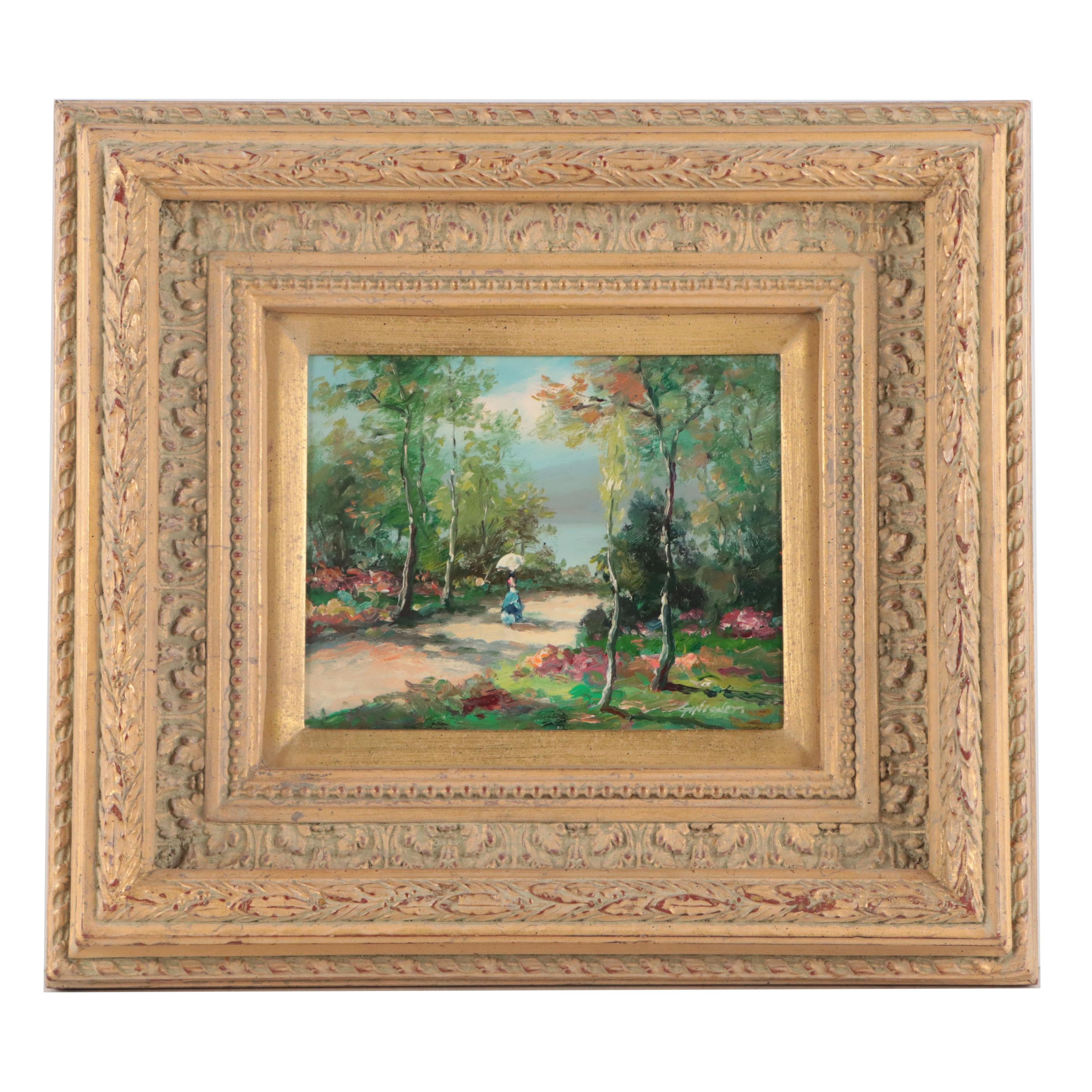 Oil Painting of Figure Walking in Verdant Landscape