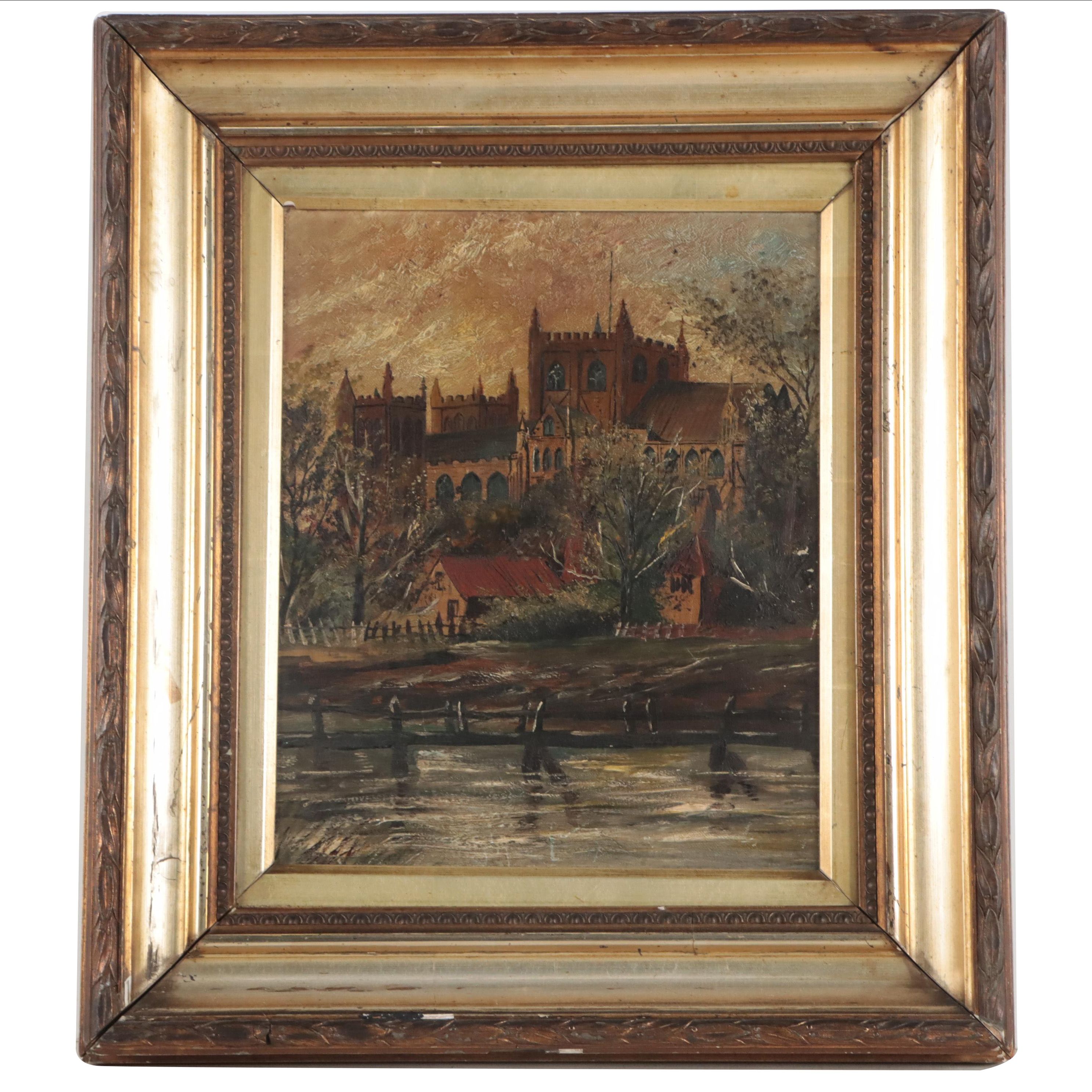 Oil Painting of Building In River Landscape