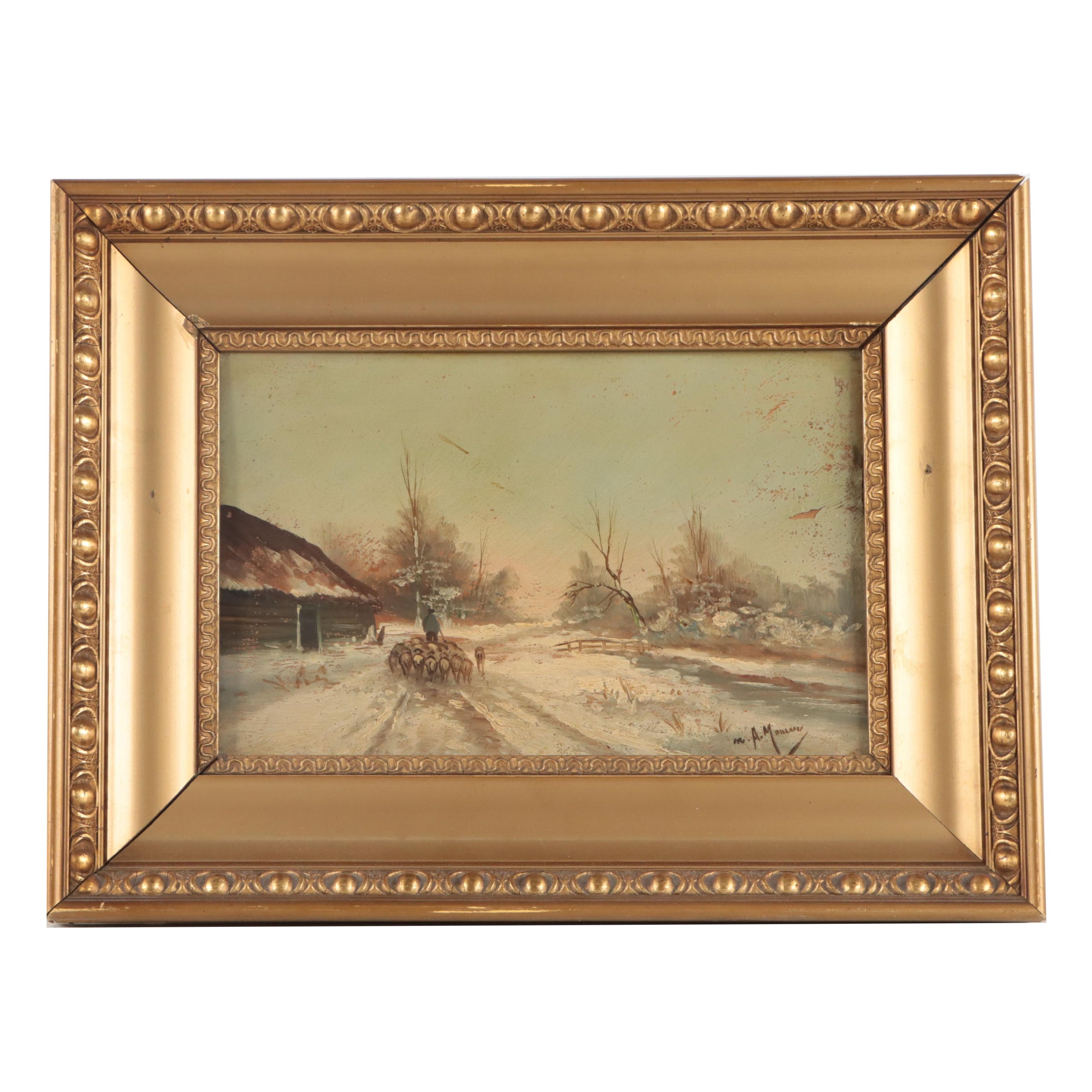 Oil Painting of Sheep in Winter Landscape