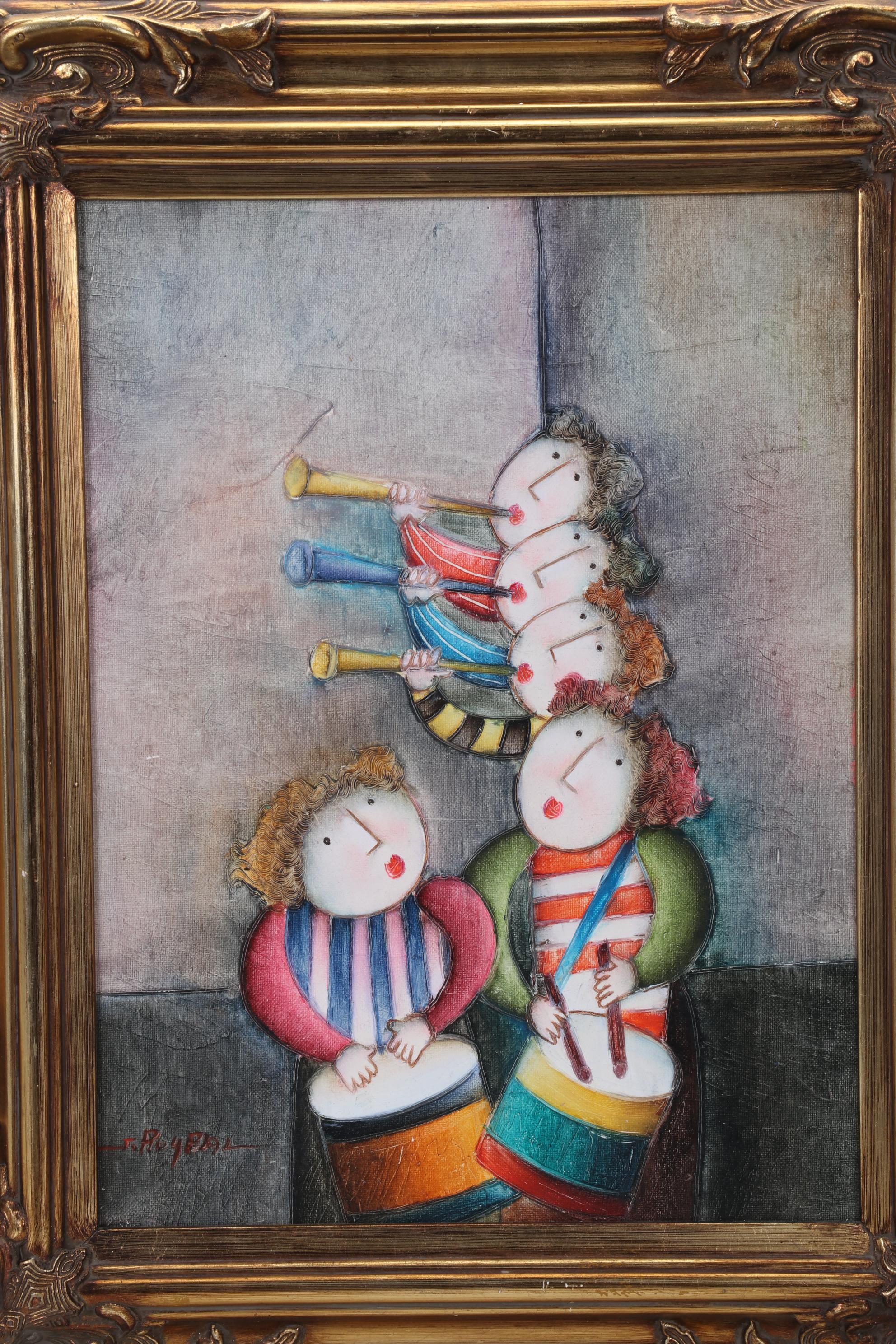 J. Roybal Oil Painting of Children Playing Drums and Horns, 21st Century