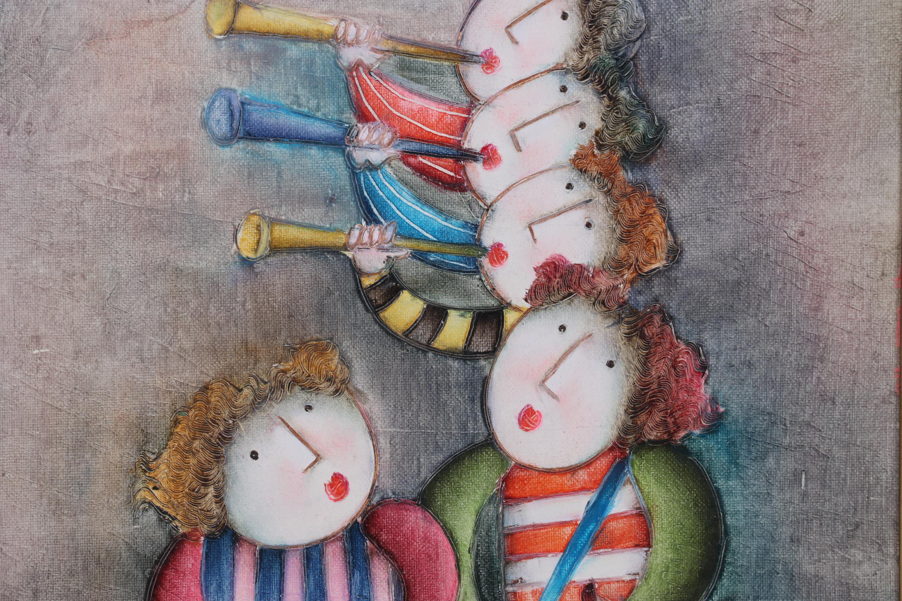 J. Roybal Oil Painting of Children Playing Drums and Horns, 21st Century