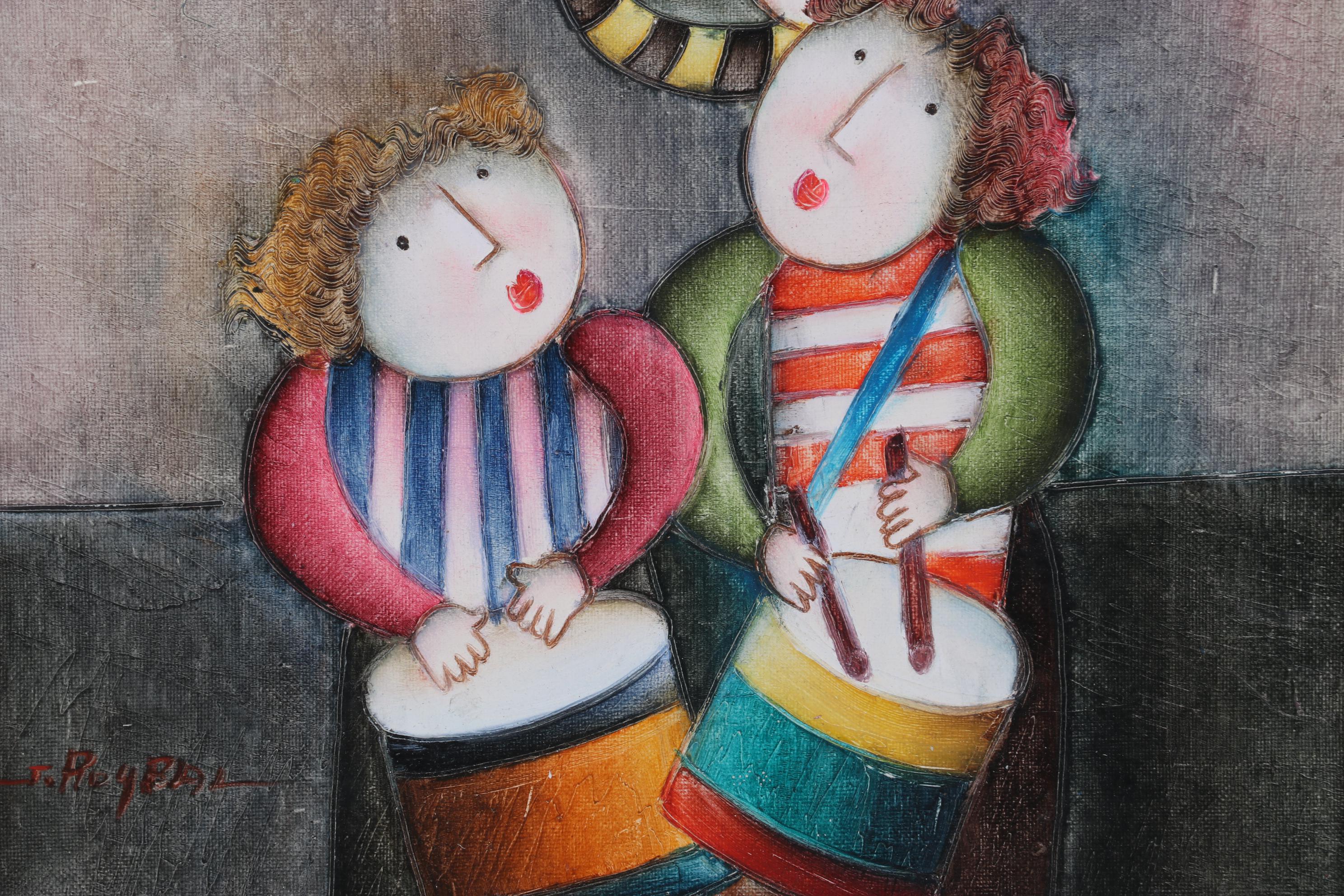 J. Roybal Oil Painting of Children Playing Drums and Horns, 21st Century