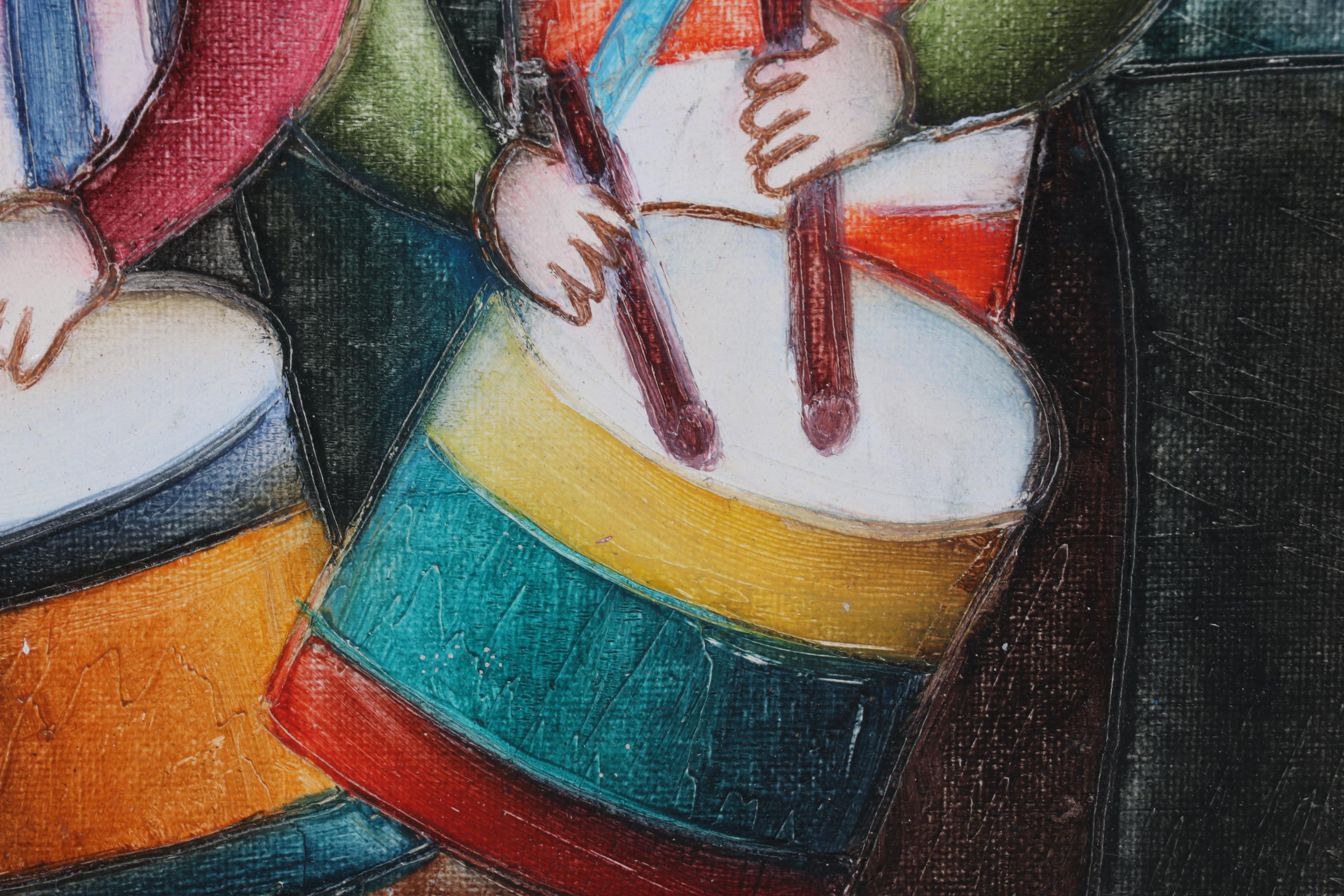 J. Roybal Oil Painting of Children Playing Drums and Horns, 21st Century