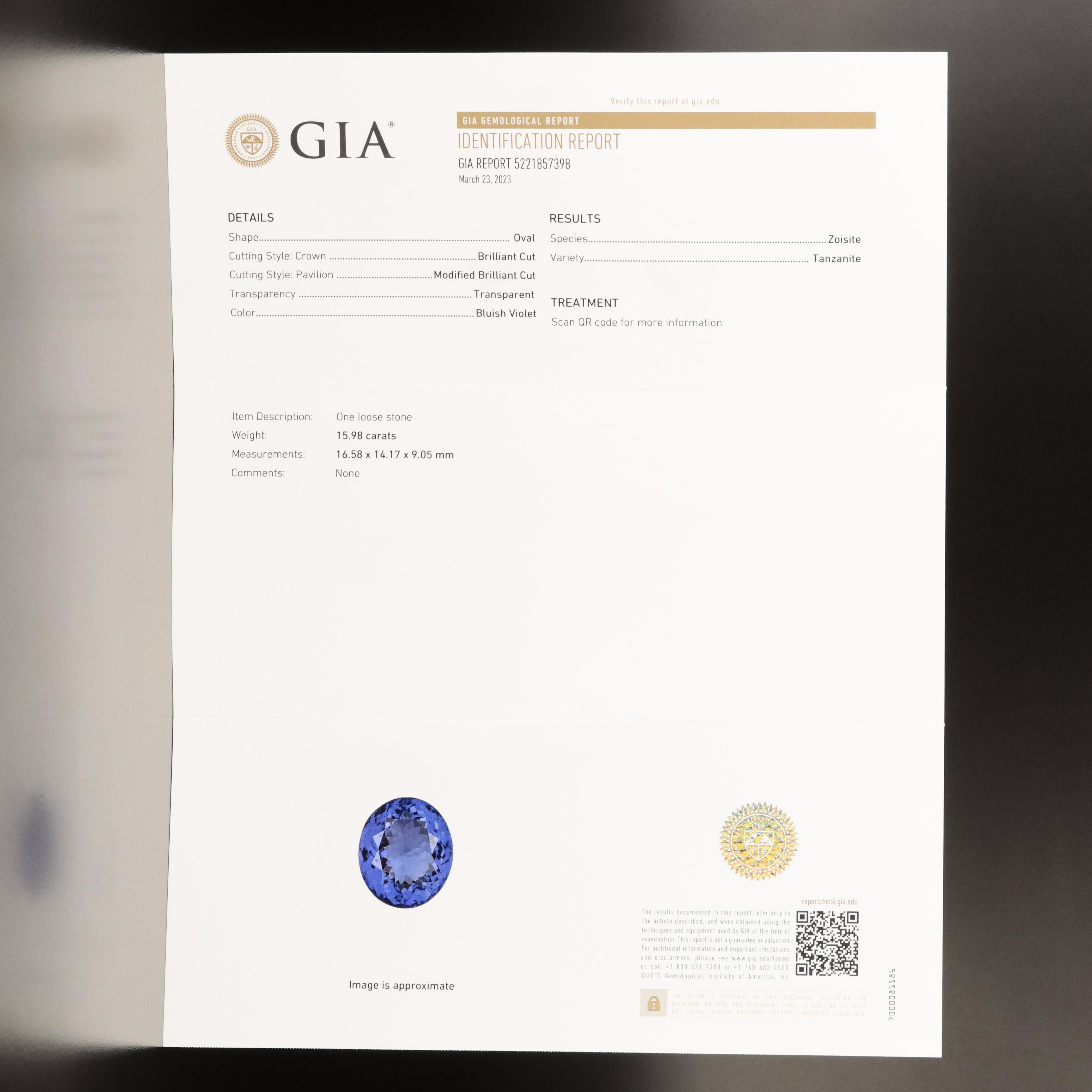 Platinum 15.98 CT Tanzanite and 2.10 CTW Diamond Ring with GIA Report