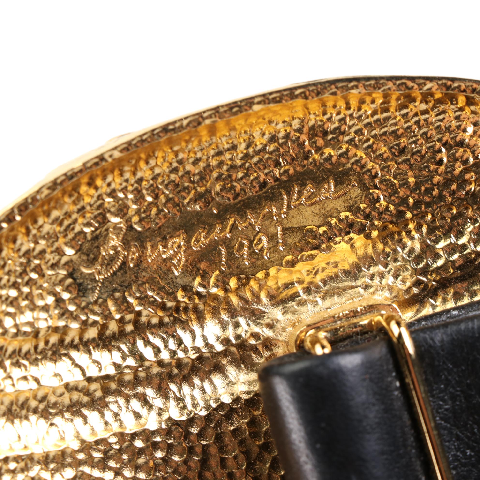 Bougainvillea Gold-Tone Nantucket Basket Belt Buckle on Black Leather Belt
