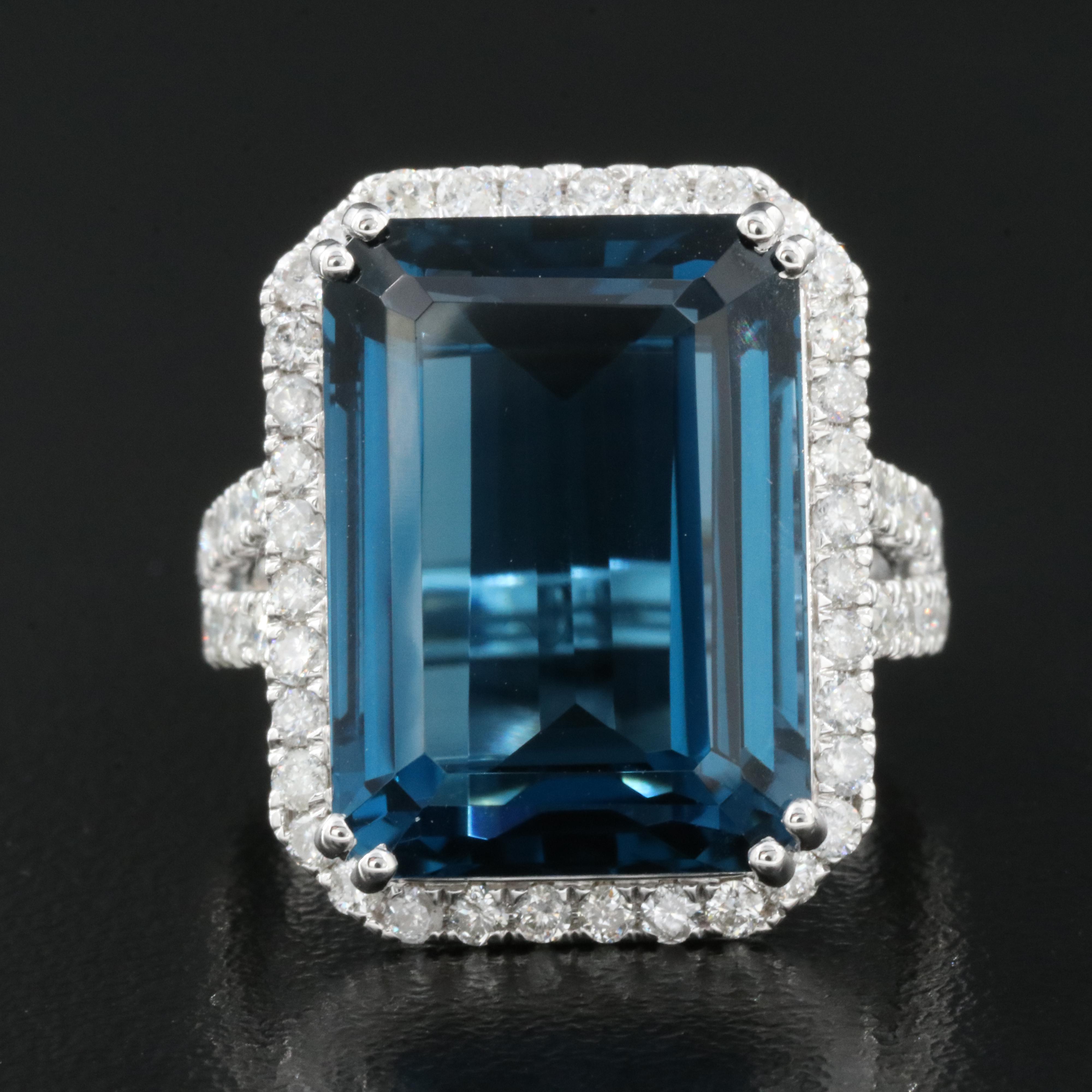 14K 21.18 CT London Blue Topaz and 1.35 CTW Diamond Halo Ring