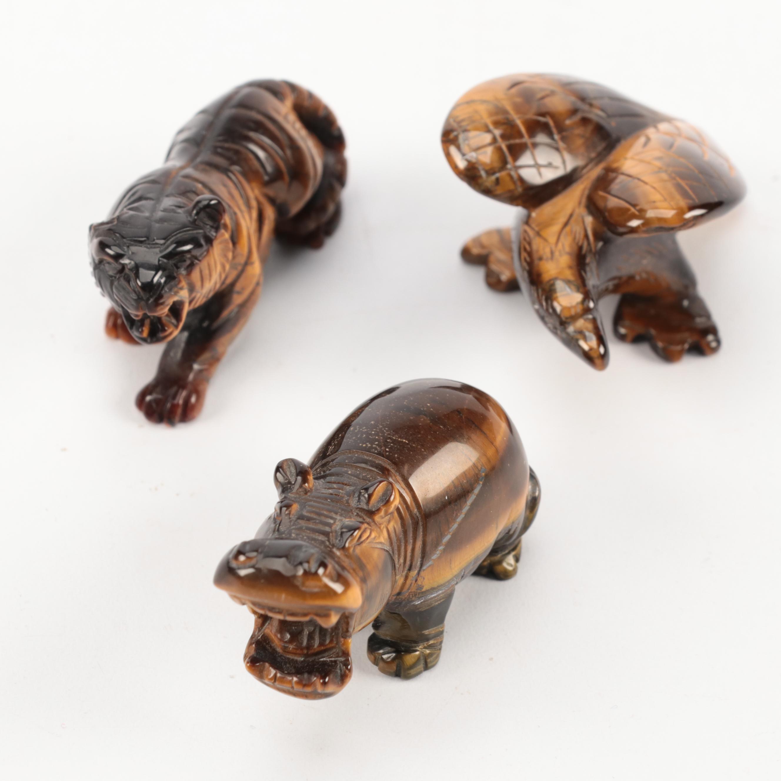 Hand-Carved Tiger's Eye Stone Cat, Dogs, Owl, Elephant and More Animal Figures