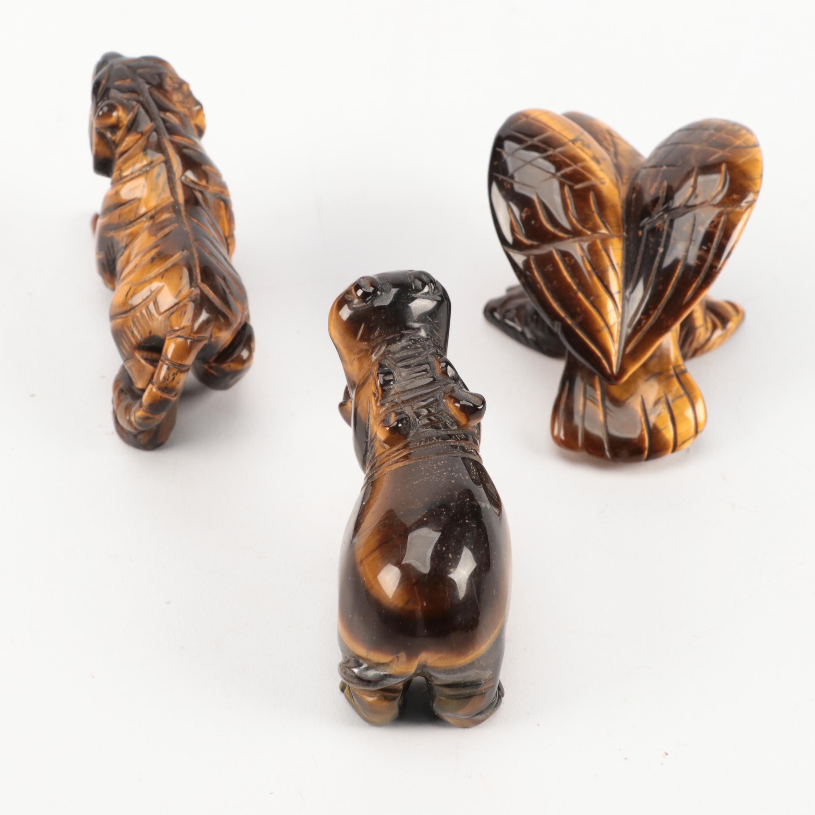 Hand-Carved Tiger's Eye Stone Cat, Dogs, Owl, Elephant and More Animal Figures