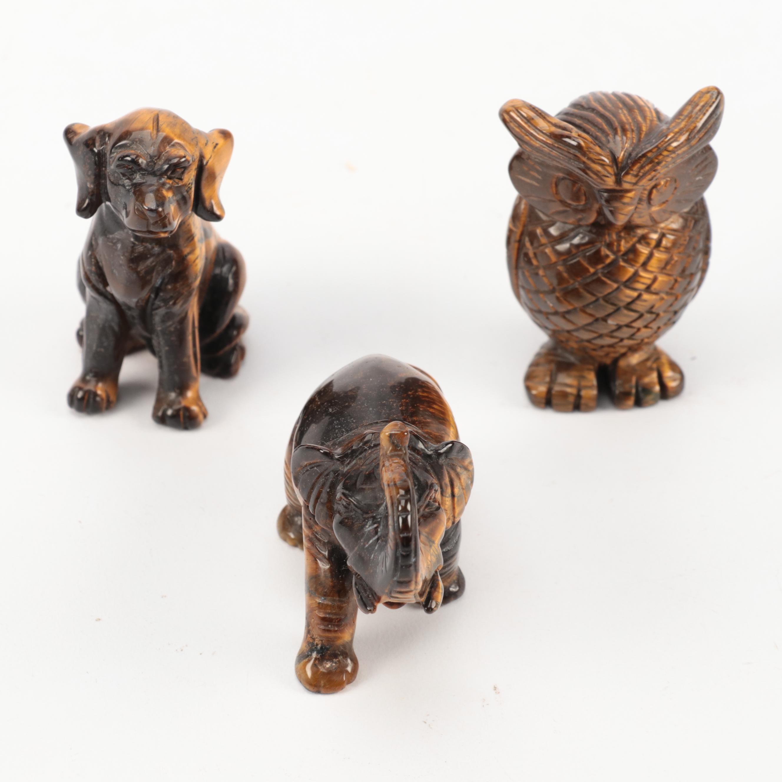 Hand-Carved Tiger's Eye Stone Cat, Dogs, Owl, Elephant and More Animal Figures