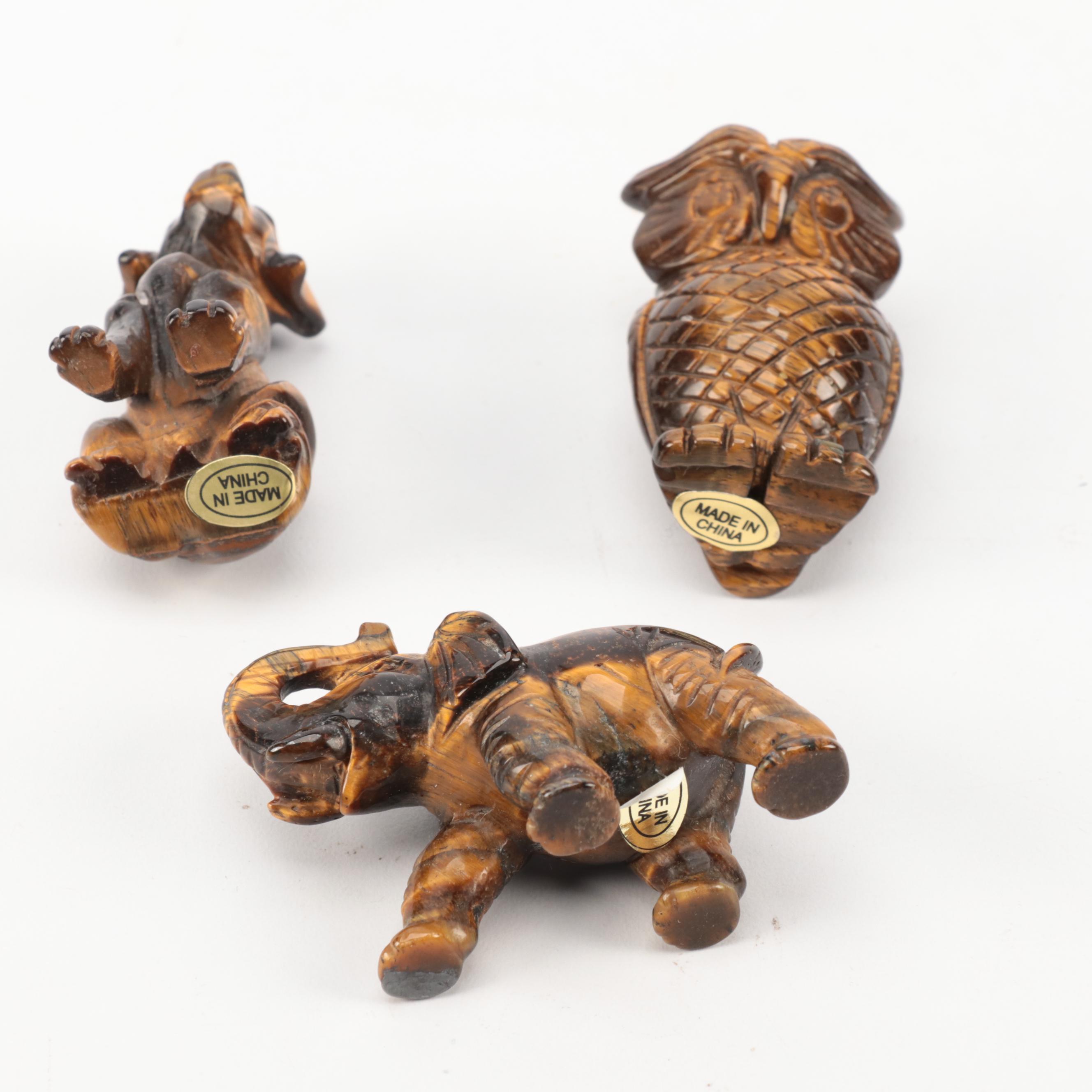 Hand-Carved Tiger's Eye Stone Cat, Dogs, Owl, Elephant and More Animal Figures