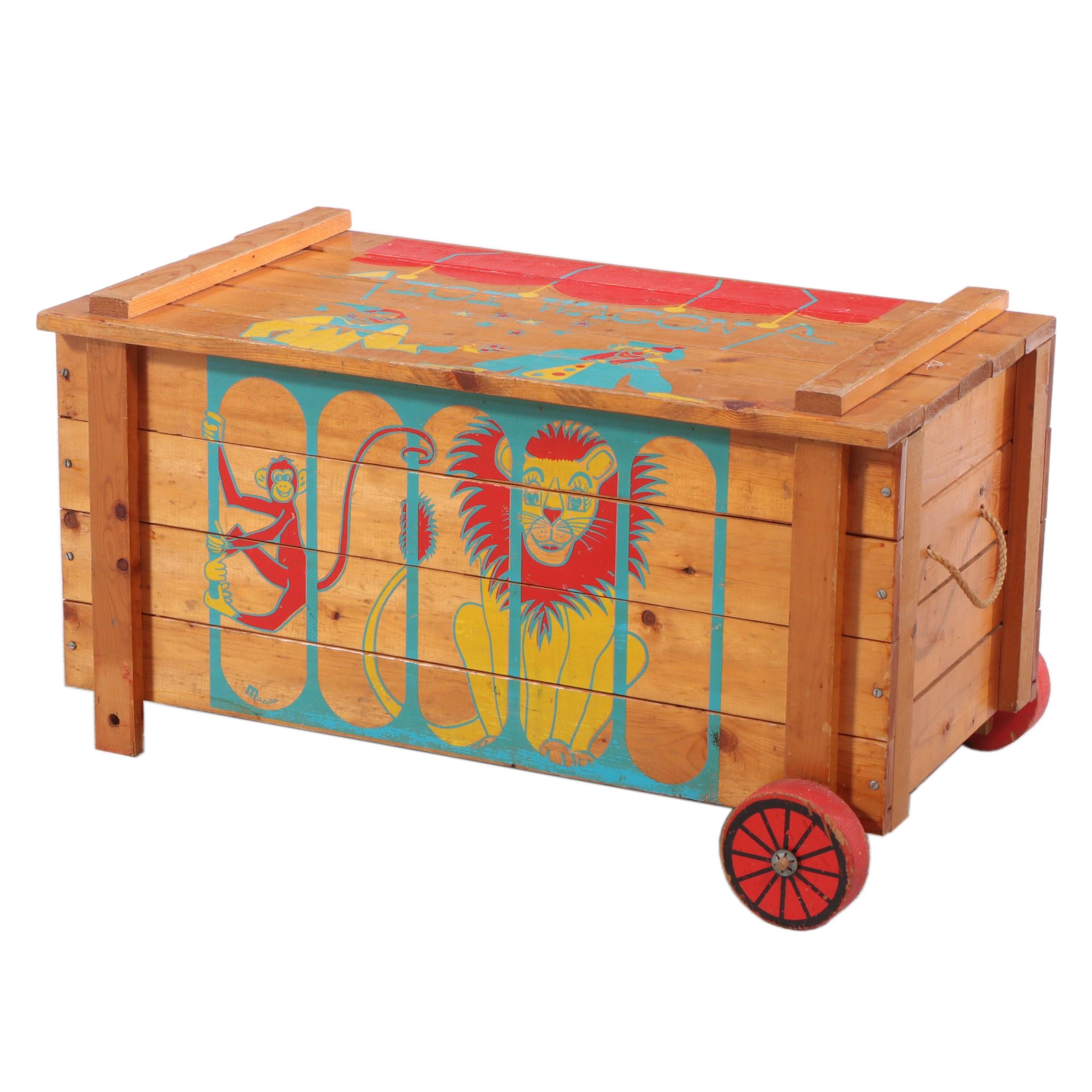 Paint-Decorated "Toy Wagon" Child's Pine Toy Chest