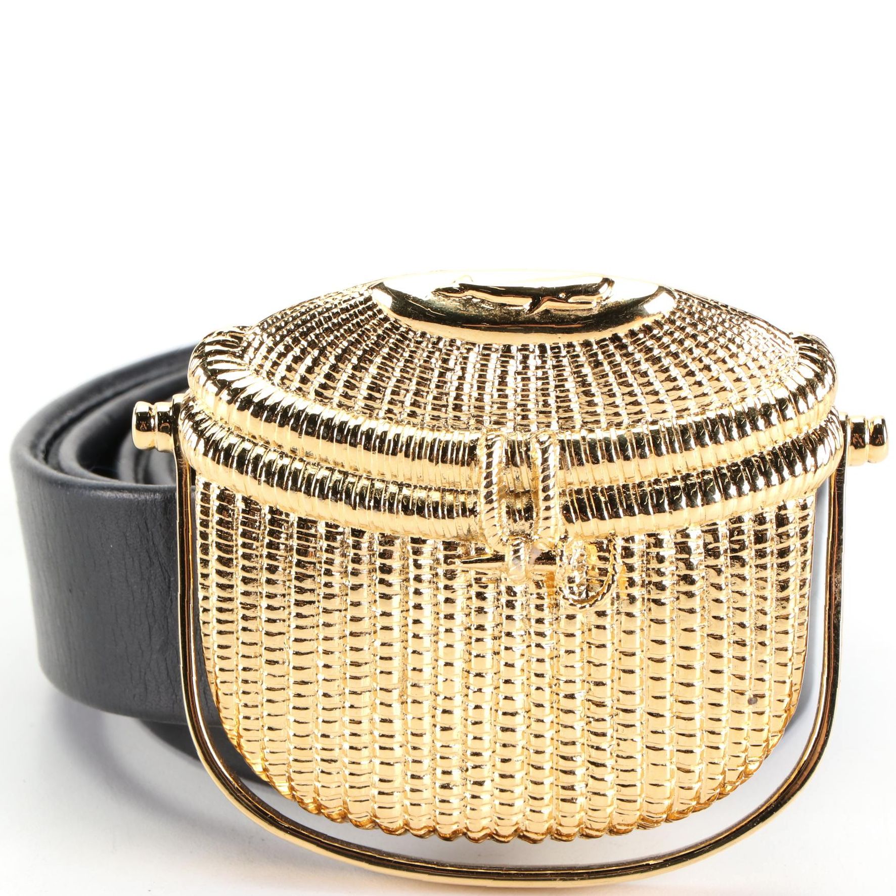 Bougainvillea Gold-Tone Nantucket Basket Belt Buckle on Black Leather Belt